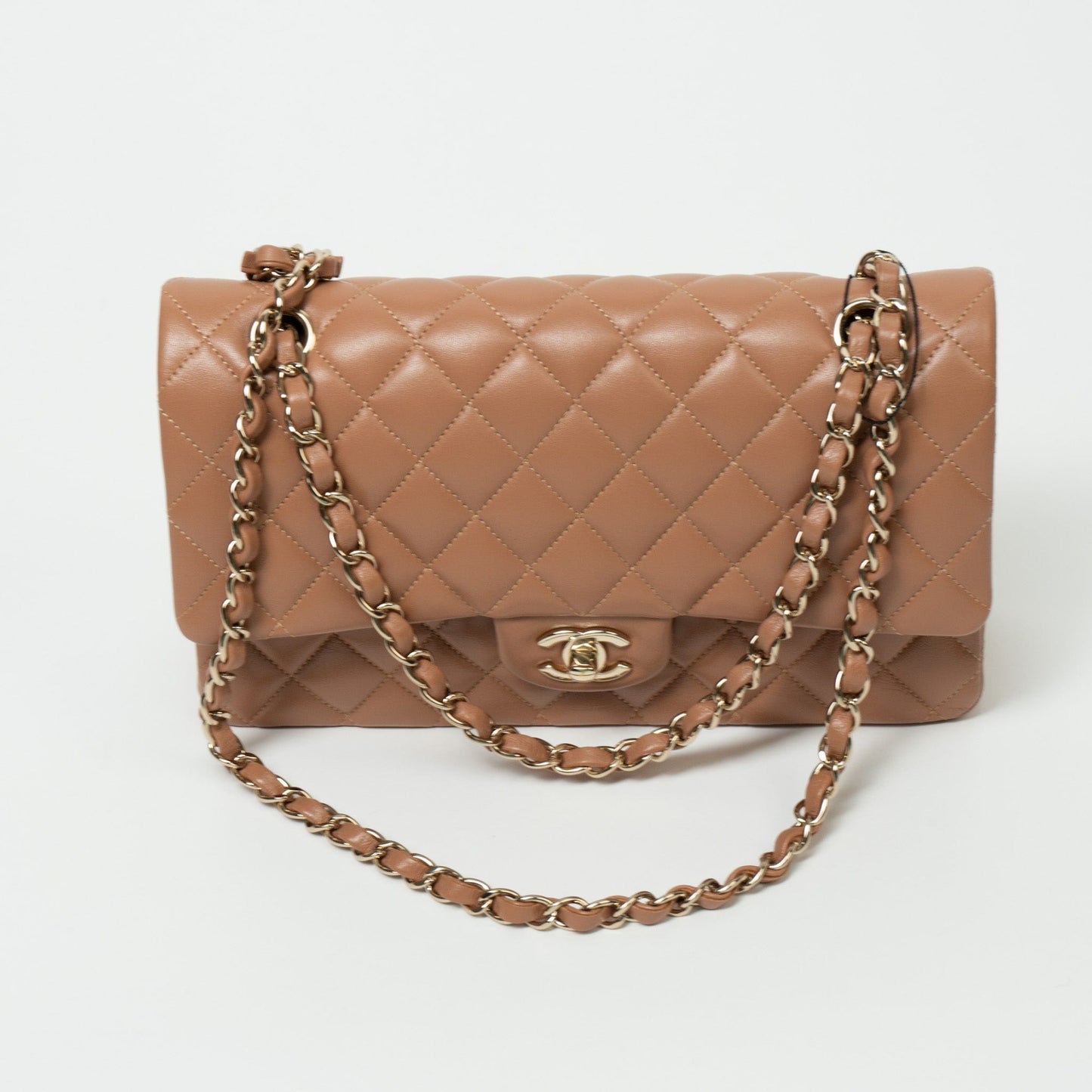 22S Caramel Lambskin Quilted Classic Flap Medium LGHW