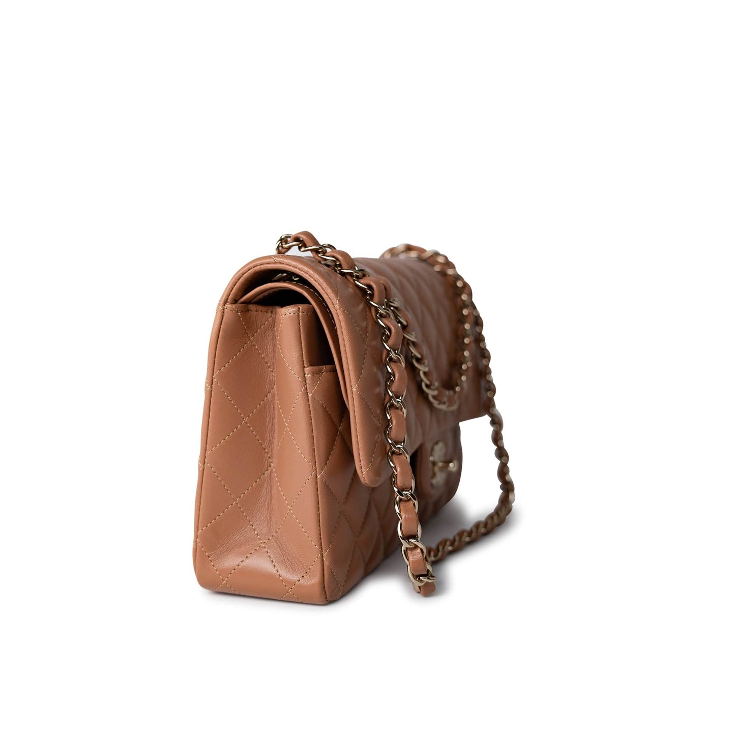 22S Caramel Lambskin Quilted Medium Classic Flap Light Gold Hardware