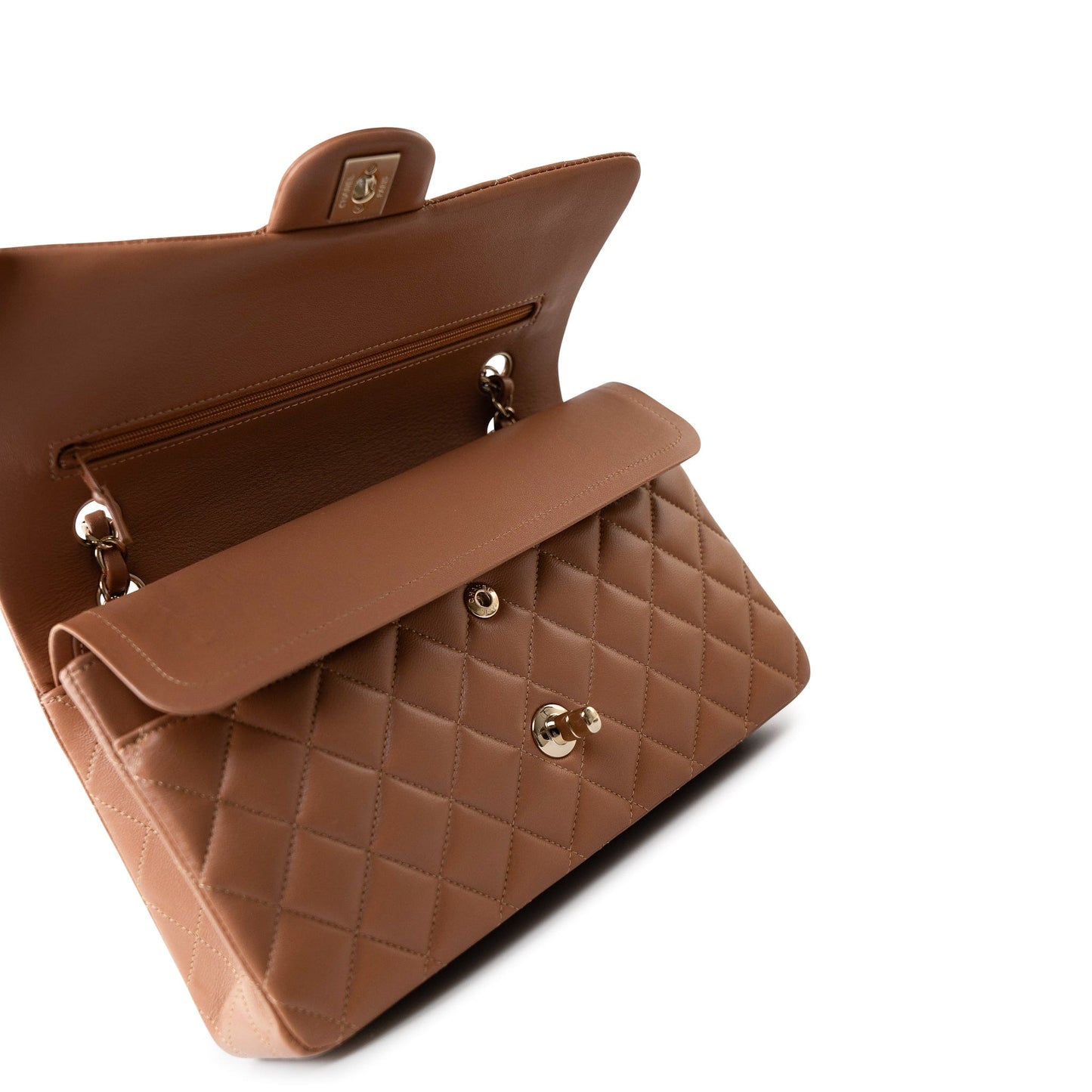 22S Caramel Lambskin Quilted Medium Classic Flap Light Gold Hardware