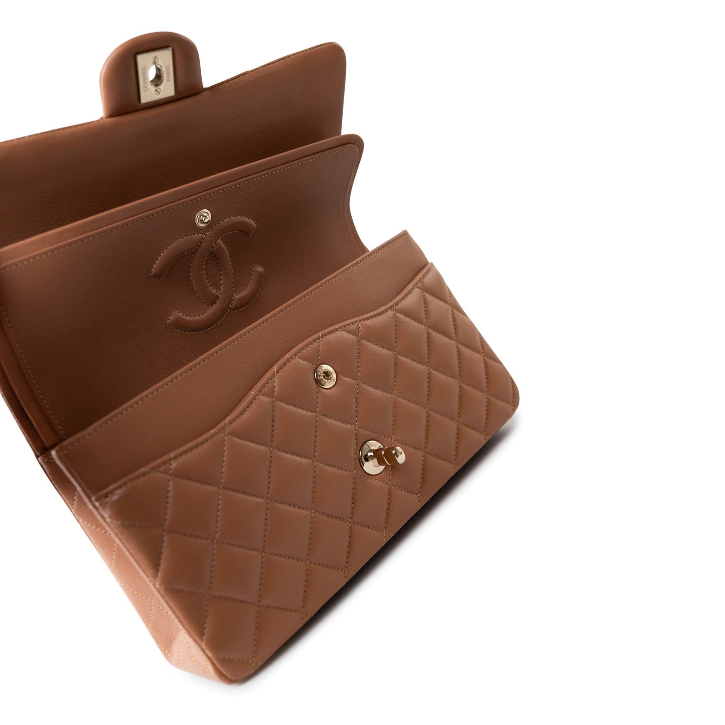 22S Caramel Lambskin Quilted Medium Classic Flap Light Gold Hardware