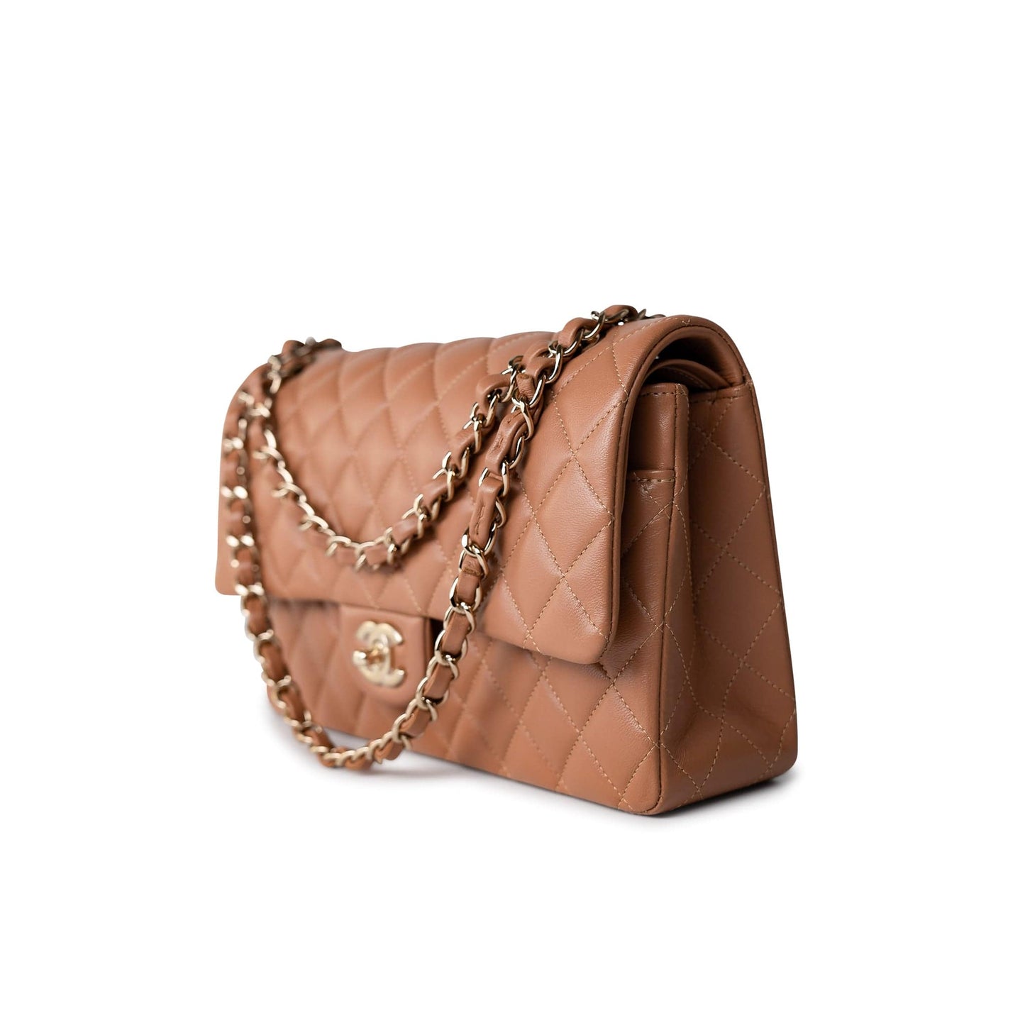 22S Caramel Lambskin Quilted Medium Classic Flap Light Gold Hardware