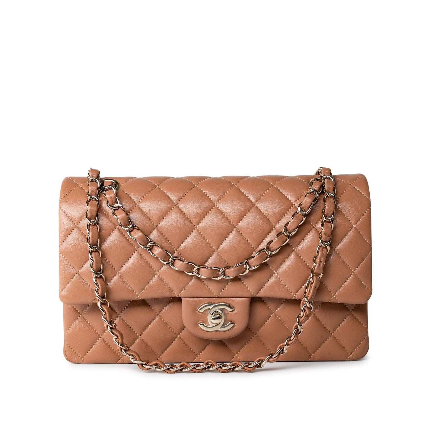 22S Caramel Lambskin Quilted Medium Classic Flap Light Gold Hardware