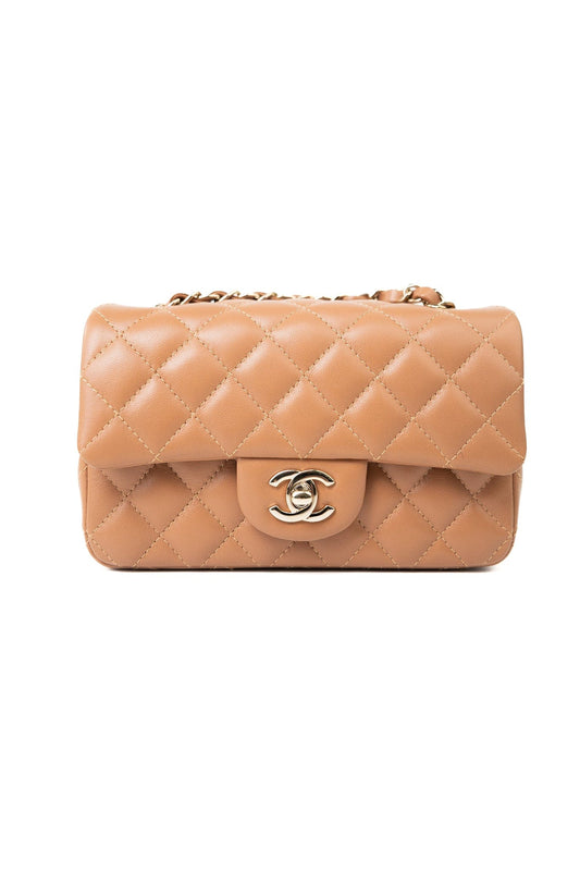 22S Caramel Lambskin Quilted Mini Rectangular Single Flap Light Gold Hardware
