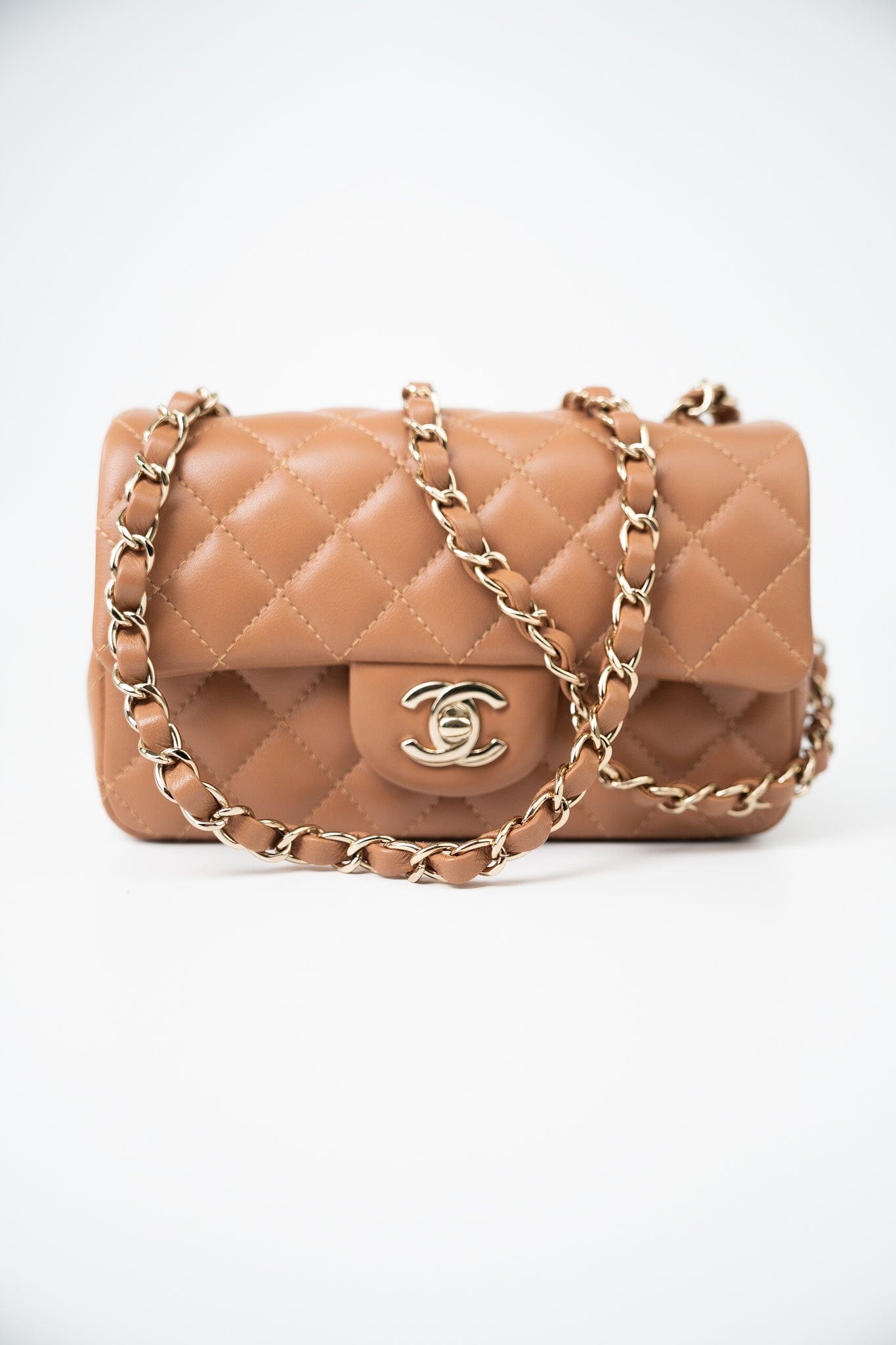 22S Caramel Lambskin Quilted Mini Rectangular Single Flap Light Gold Hardware