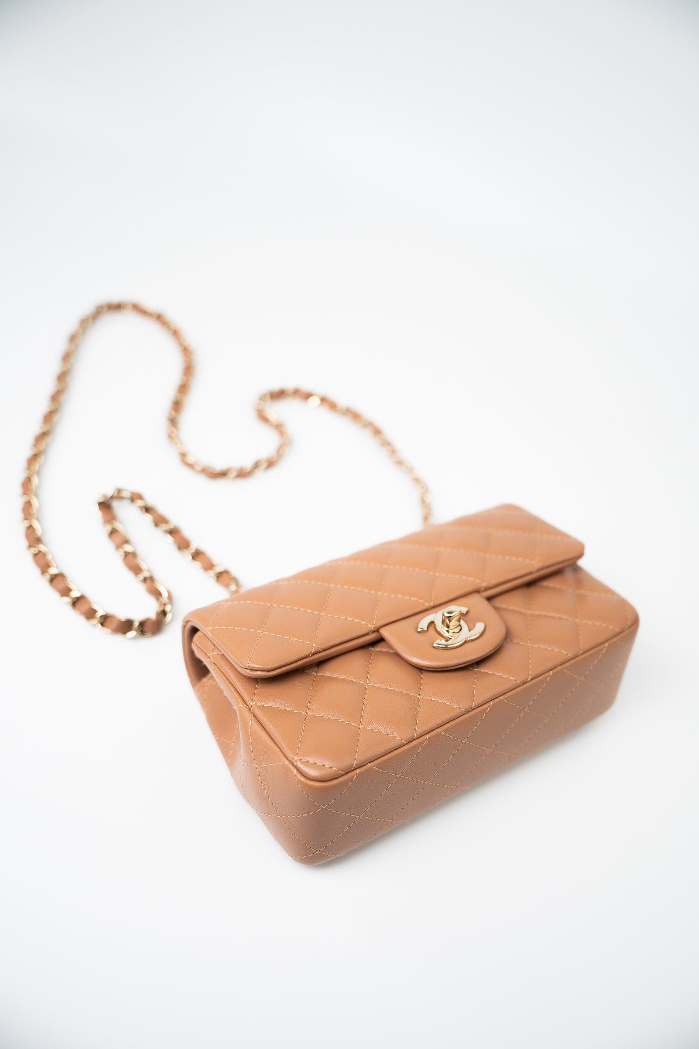 22S Caramel Lambskin Quilted Mini Rectangular Single Flap Light Gold Hardware