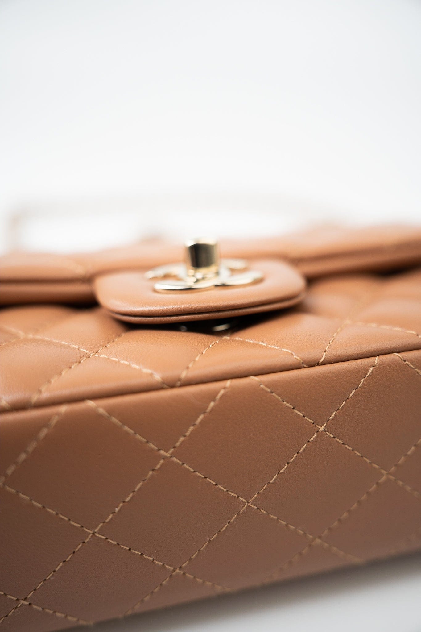22S Caramel Lambskin Quilted Mini Rectangular Single Flap Light Gold Hardware