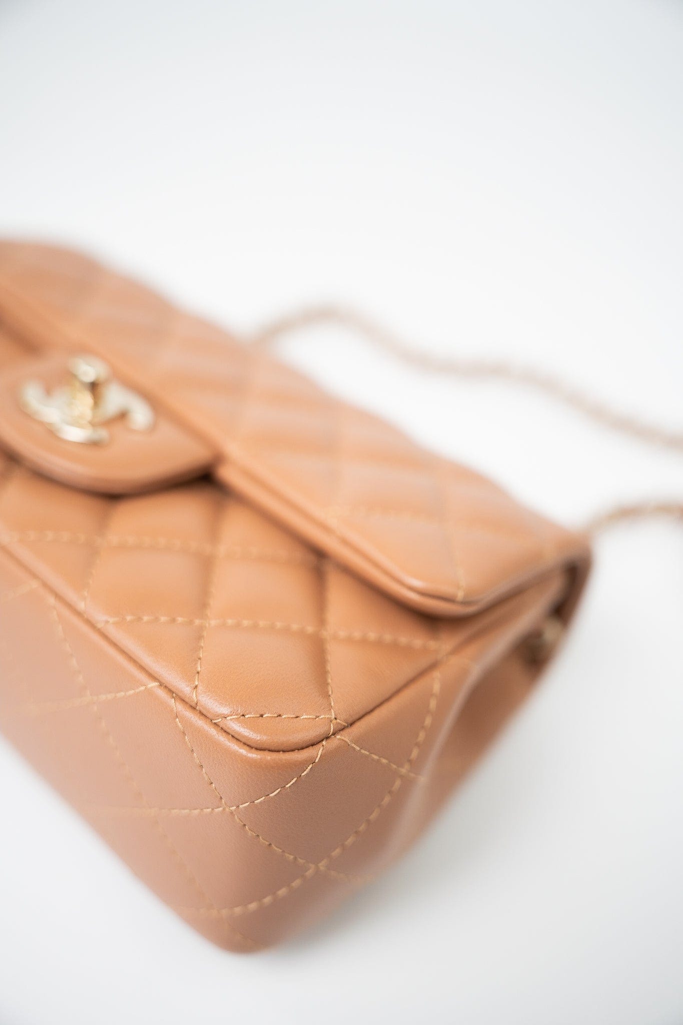 22S Caramel Lambskin Quilted Mini Rectangular Single Flap Light Gold Hardware