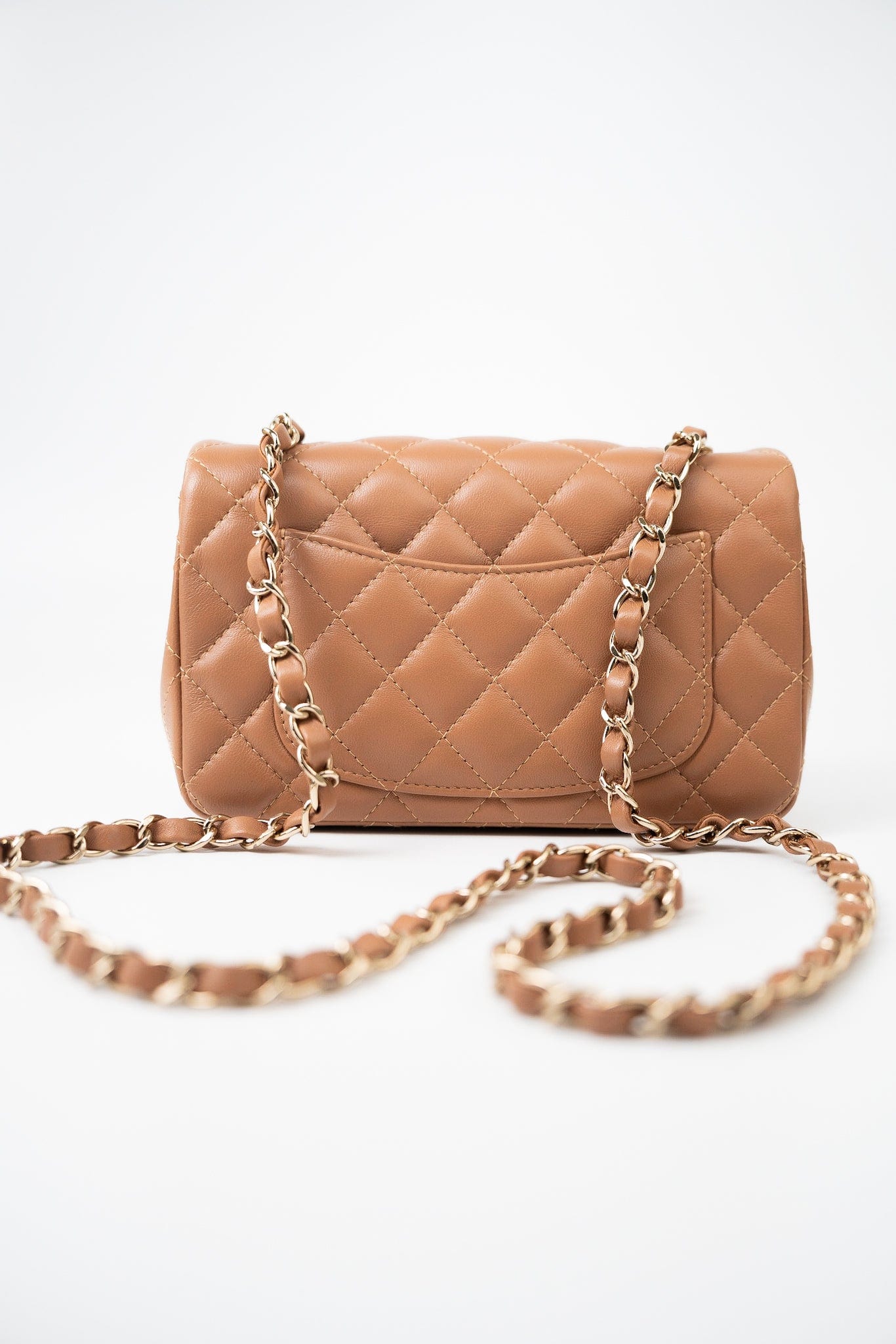 22S Caramel Lambskin Quilted Mini Rectangular Single Flap Light Gold Hardware