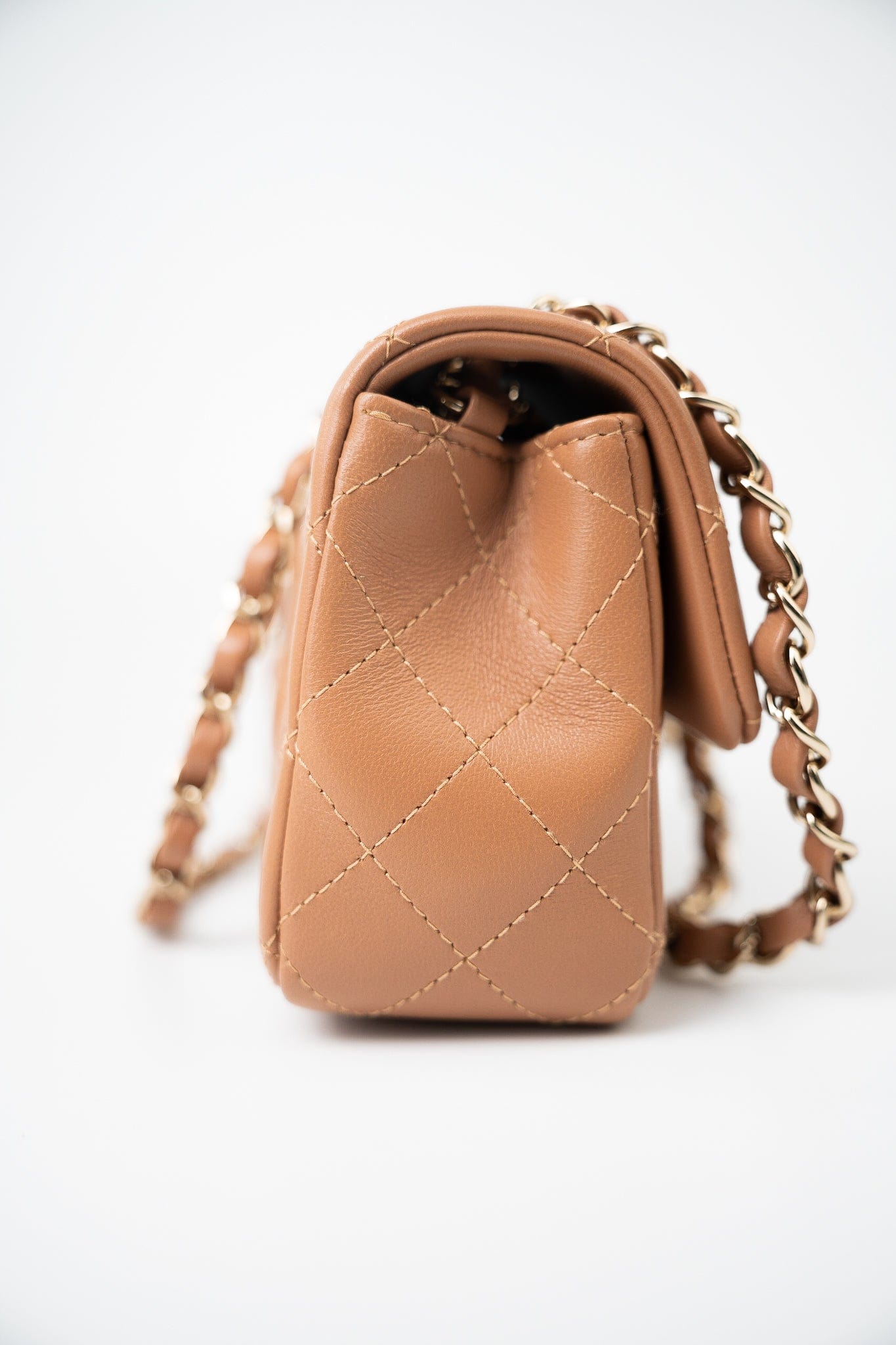 22S Caramel Lambskin Quilted Mini Rectangular Single Flap Light Gold Hardware