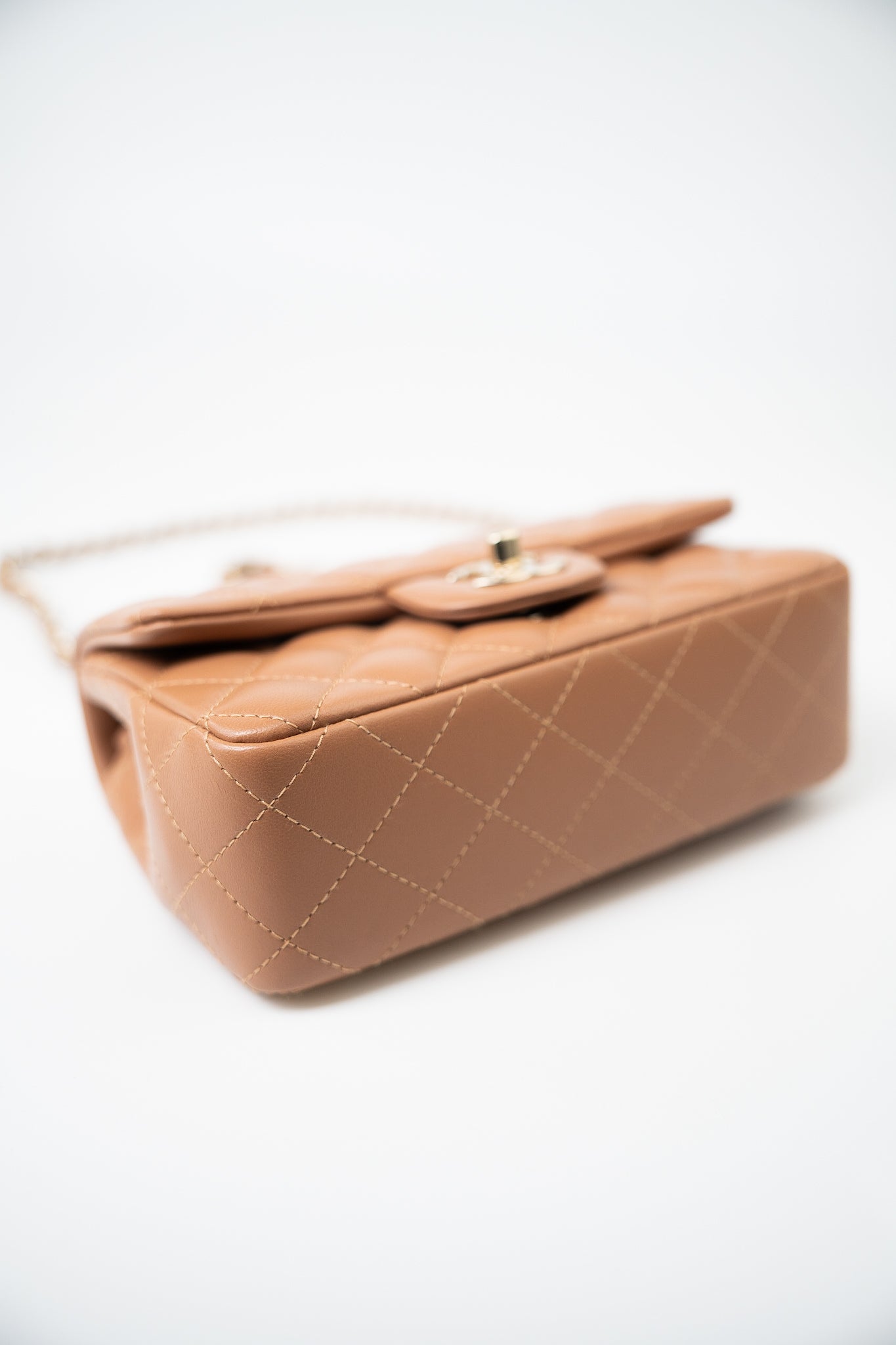 22S Caramel Lambskin Quilted Mini Rectangular Single Flap Light Gold Hardware