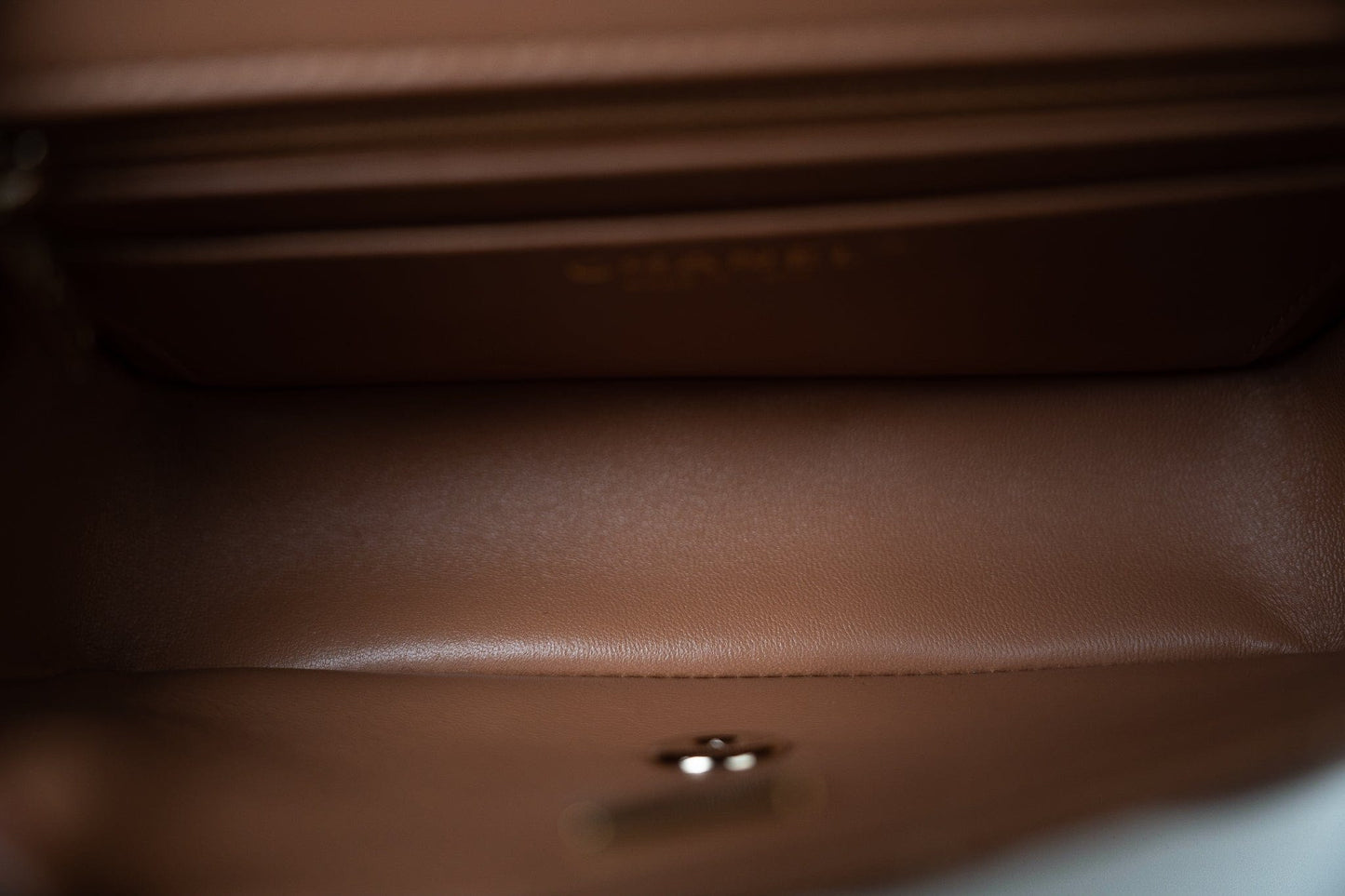 22S Caramel Lambskin Quilted Mini Rectangular Single Flap Light Gold Hardware