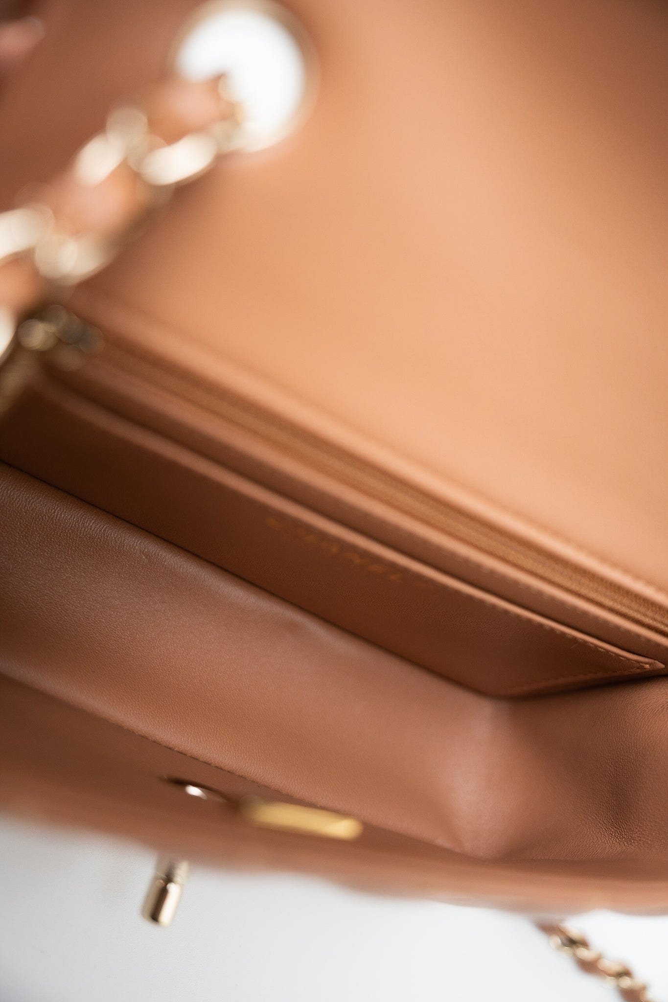 22S Caramel Lambskin Quilted Mini Rectangular Single Flap Light Gold Hardware