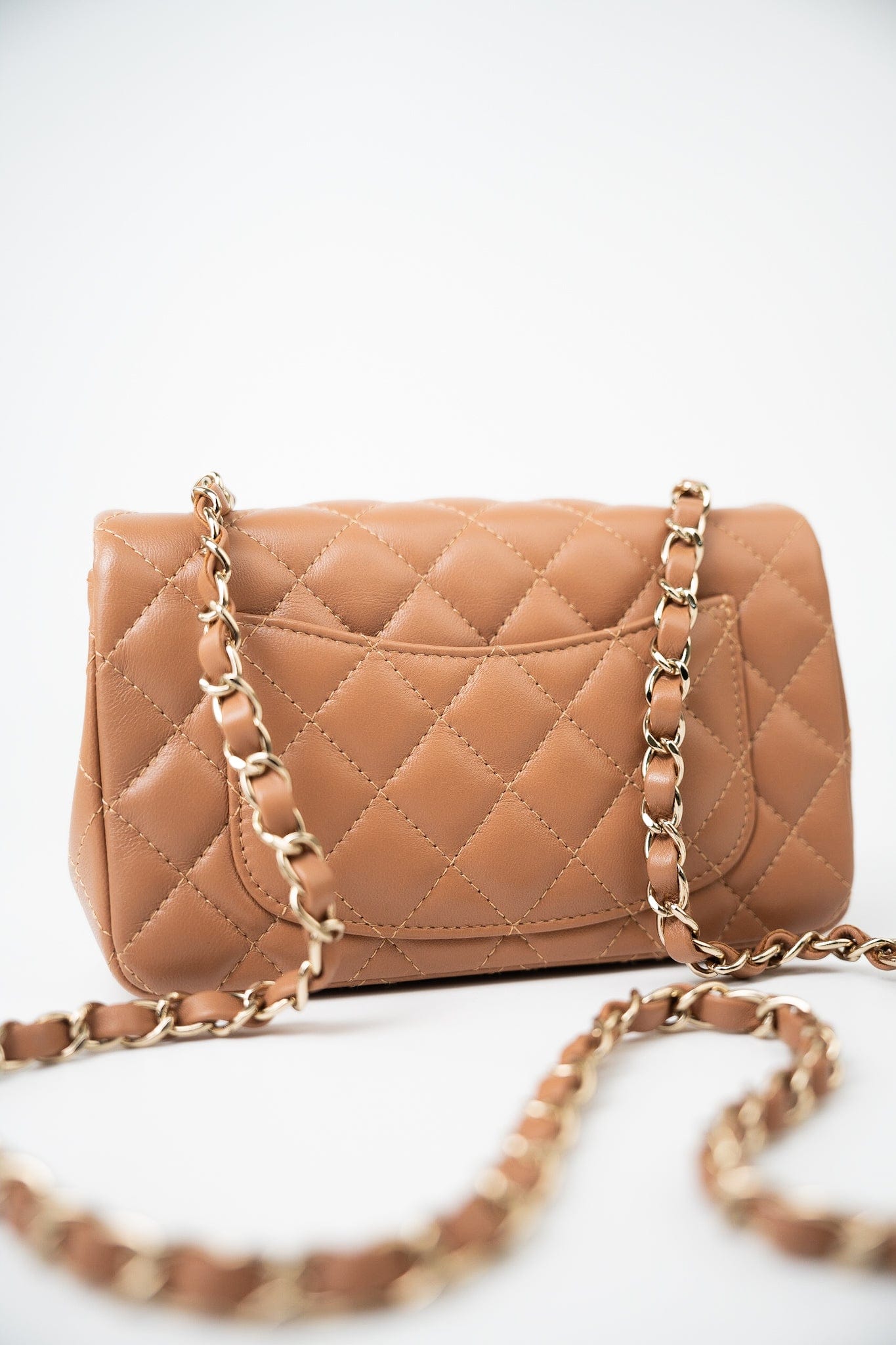 22S Caramel Lambskin Quilted Mini Rectangular Single Flap Light Gold Hardware