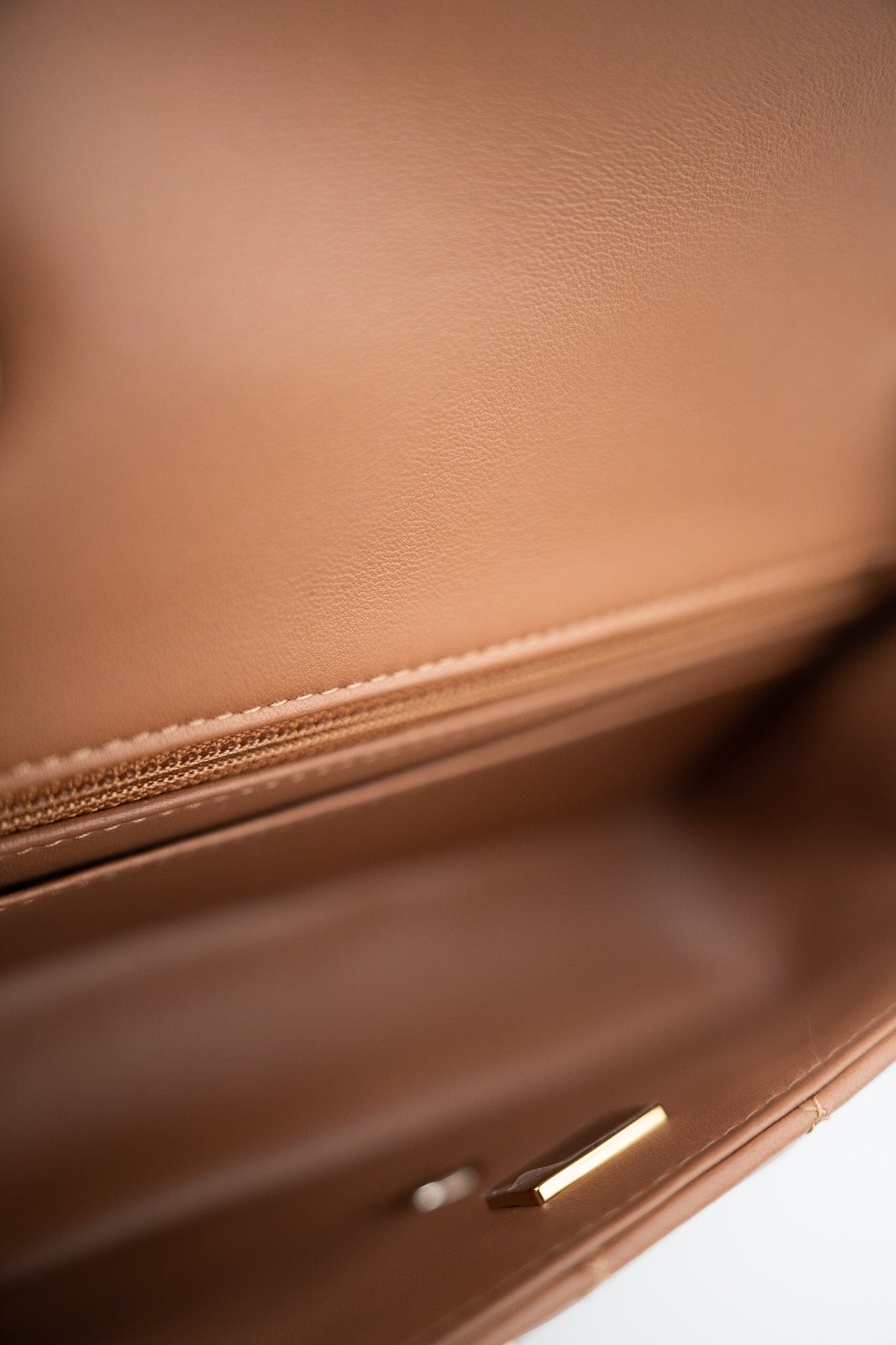 22S Caramel Lambskin Quilted Mini Rectangular Single Flap Light Gold Hardware