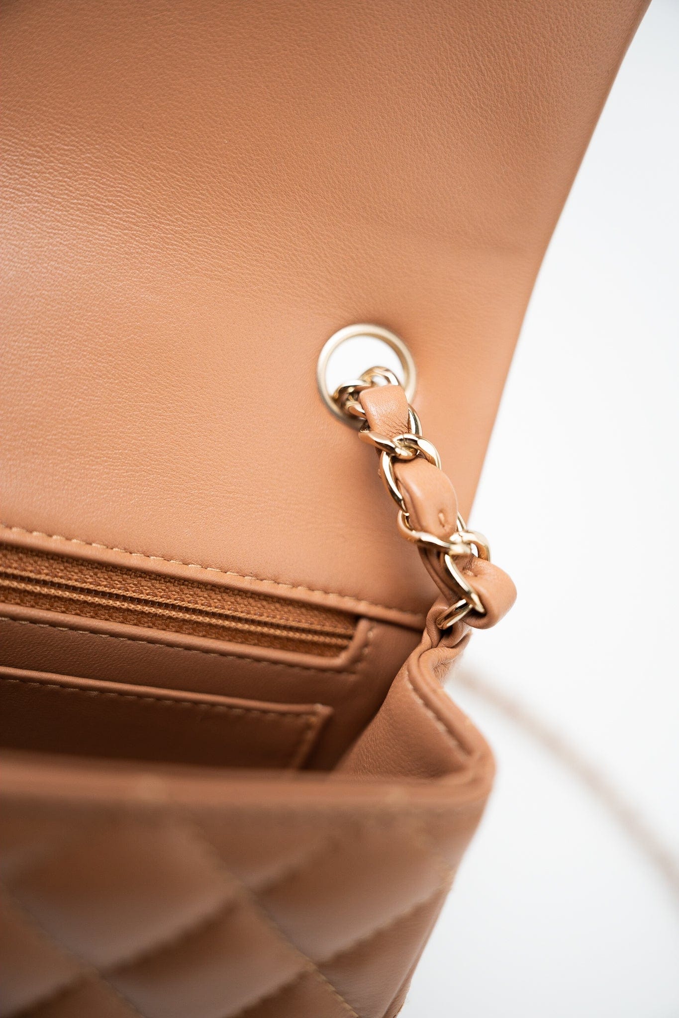 22S Caramel Lambskin Quilted Mini Rectangular Single Flap Light Gold Hardware