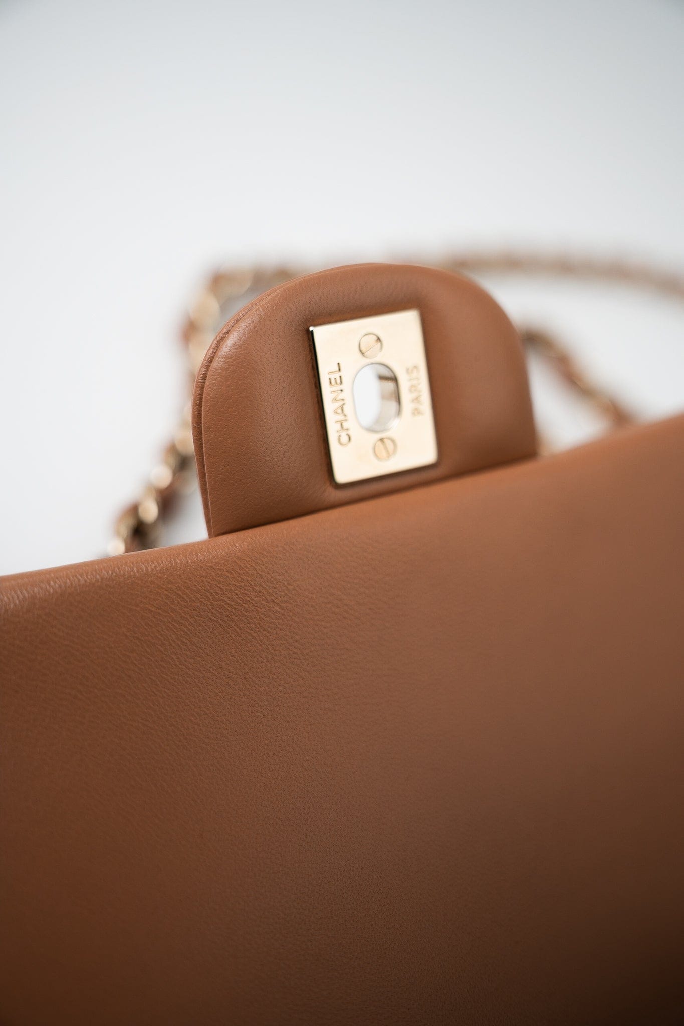 22S Caramel Lambskin Quilted Mini Rectangular Single Flap Light Gold Hardware