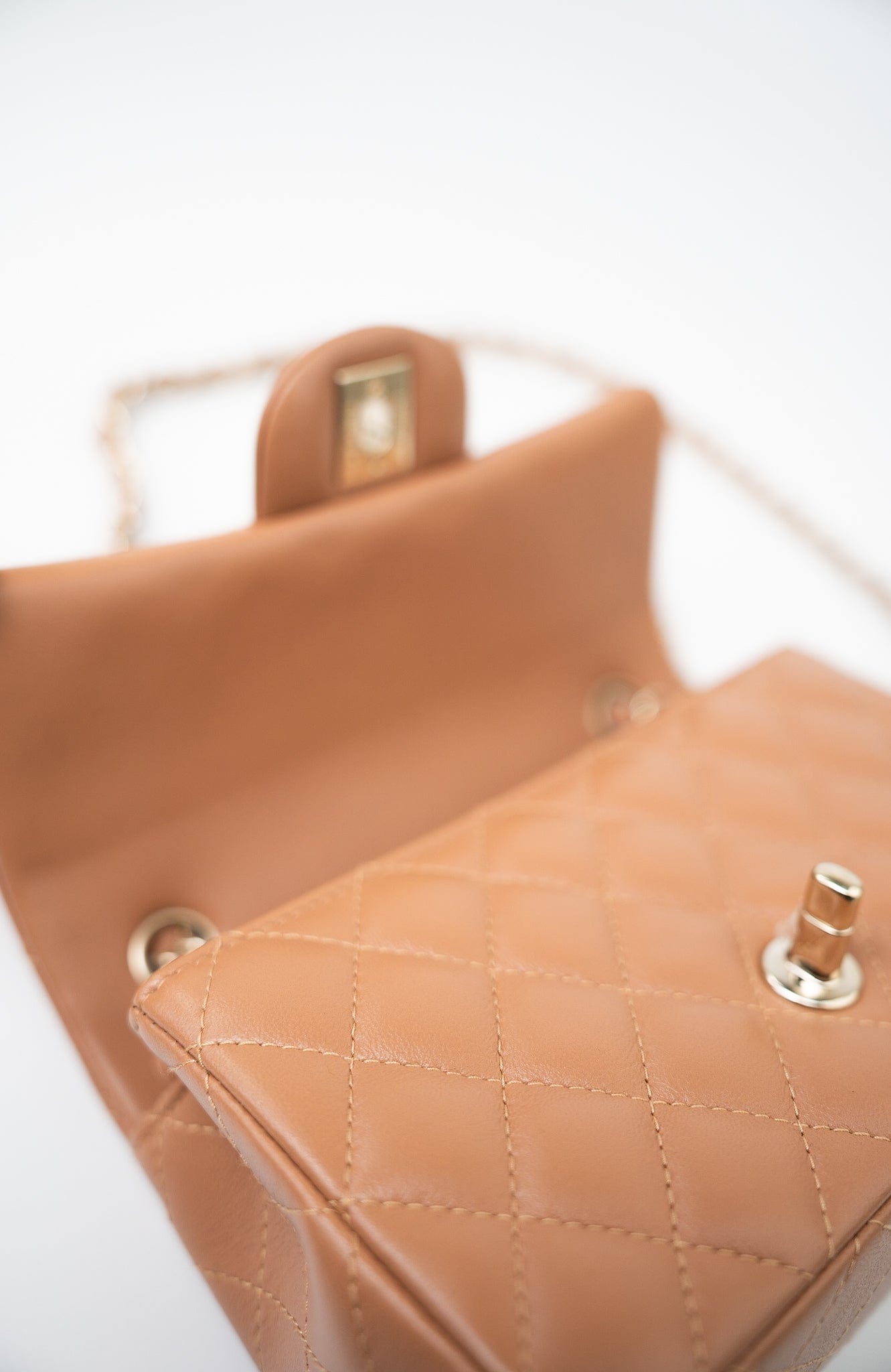 22S Caramel Lambskin Quilted Mini Rectangular Single Flap Light Gold Hardware