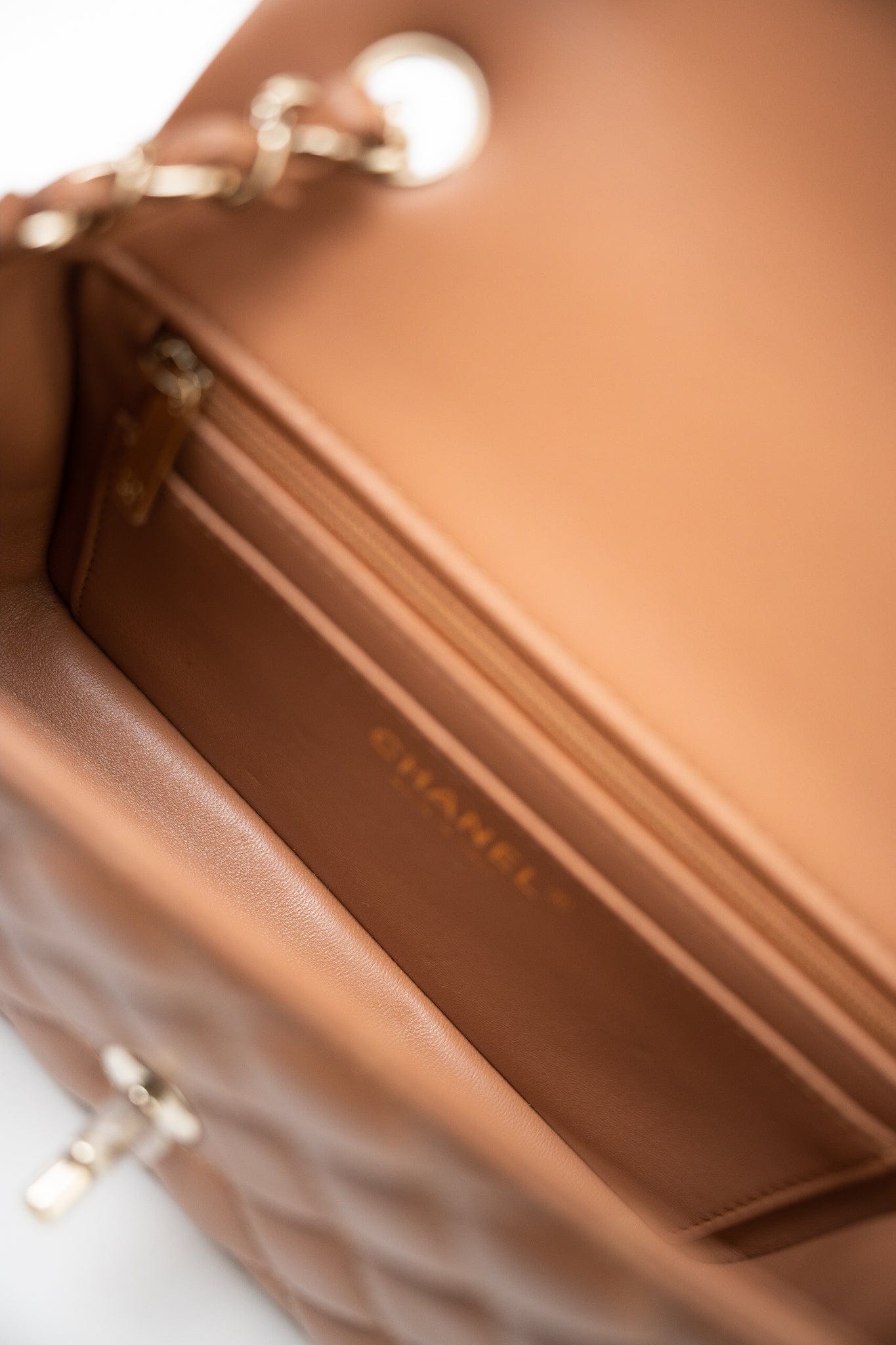 22S Caramel Lambskin Quilted Mini Rectangular Single Flap Light Gold Hardware