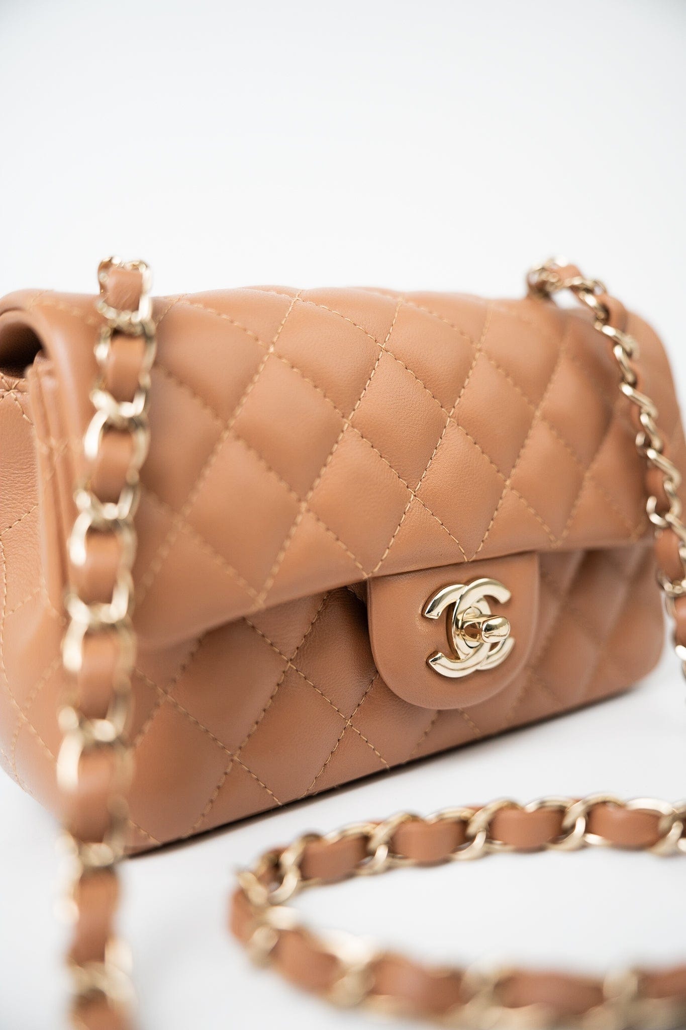 22S Caramel Lambskin Quilted Mini Rectangular Single Flap Light Gold Hardware