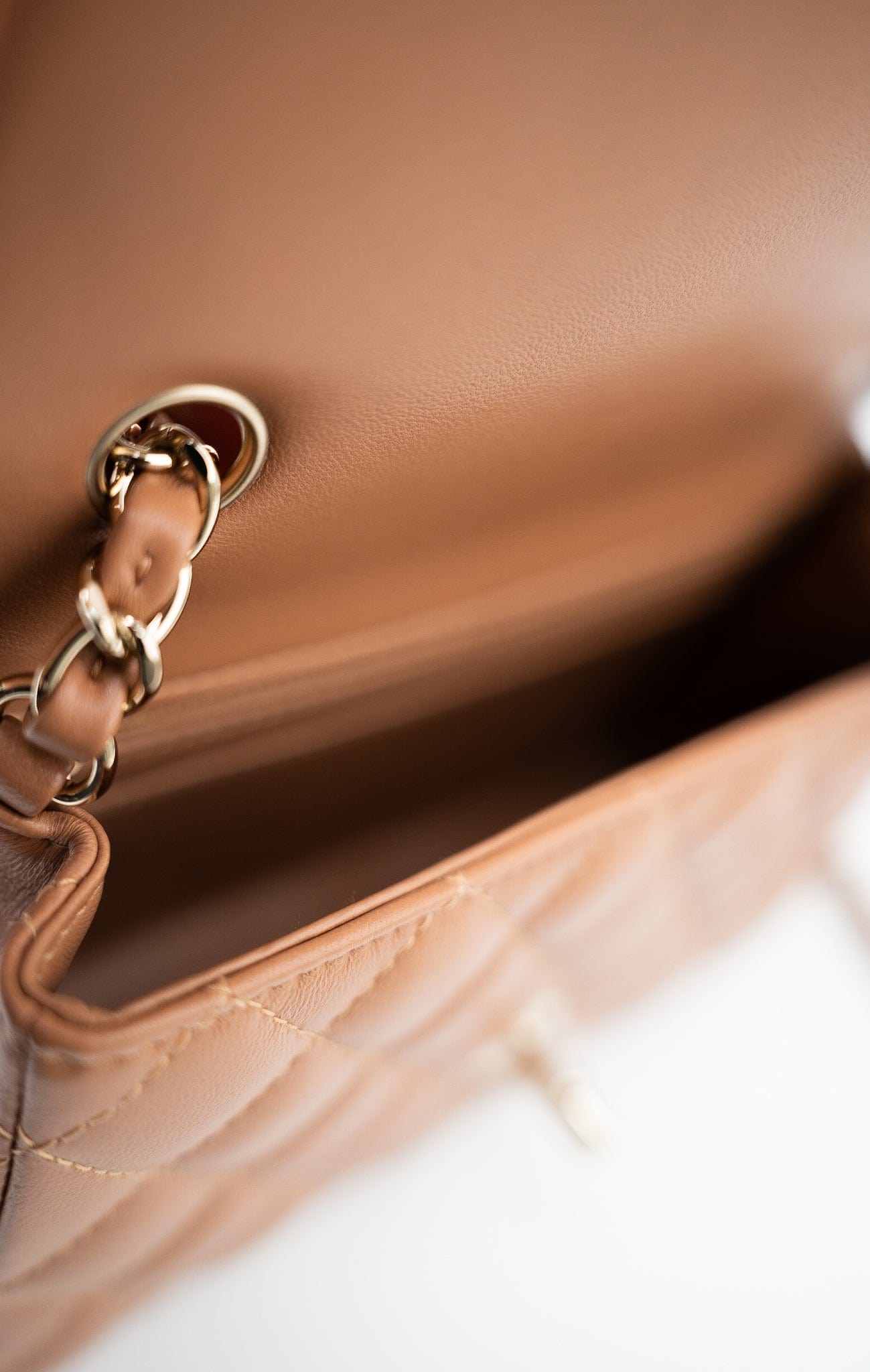 22S Caramel Lambskin Quilted Mini Rectangular Single Flap Light Gold Hardware