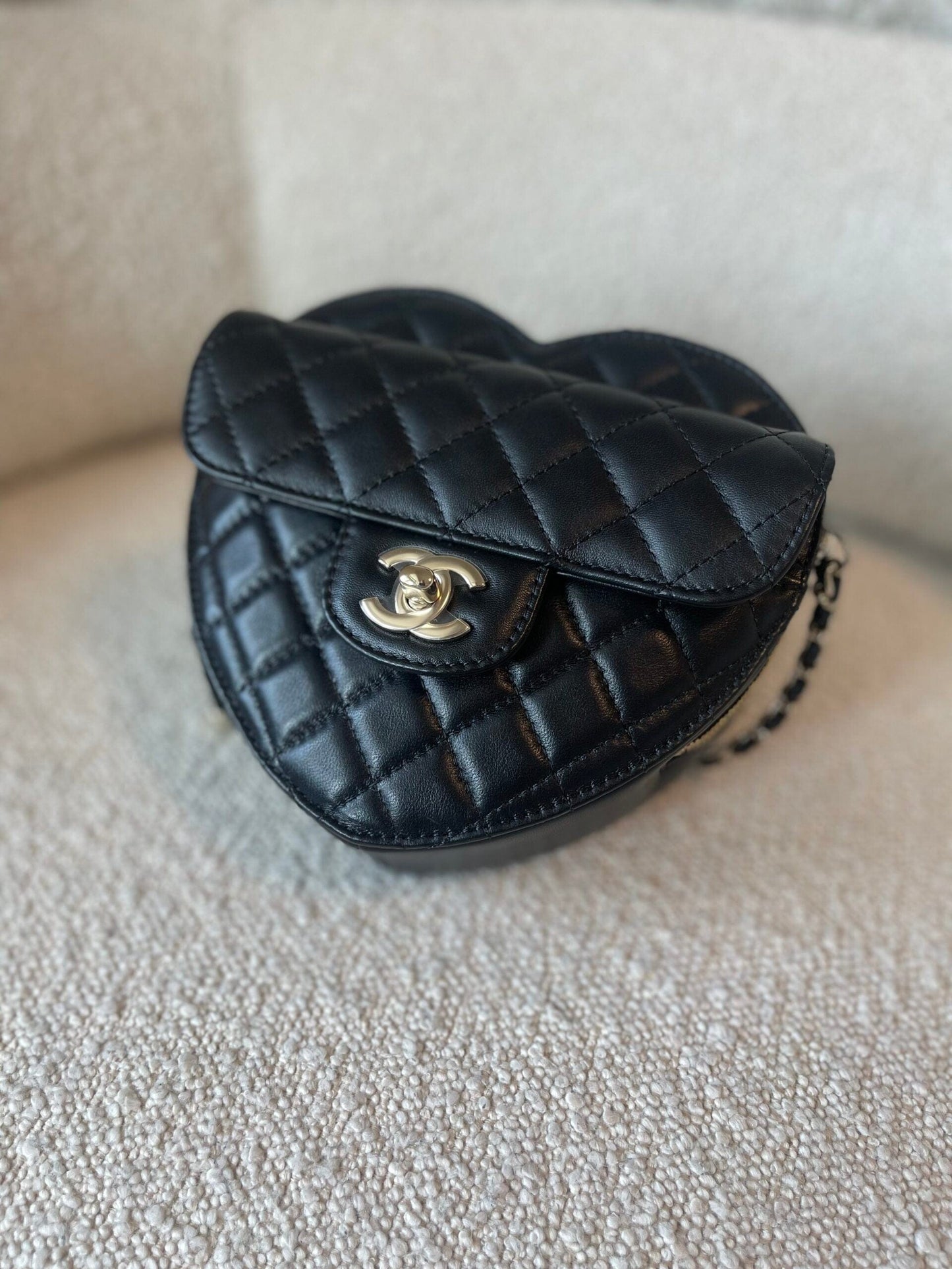 22S CC In Love Black Lambskin Quilted Large Heart Bag LGHW