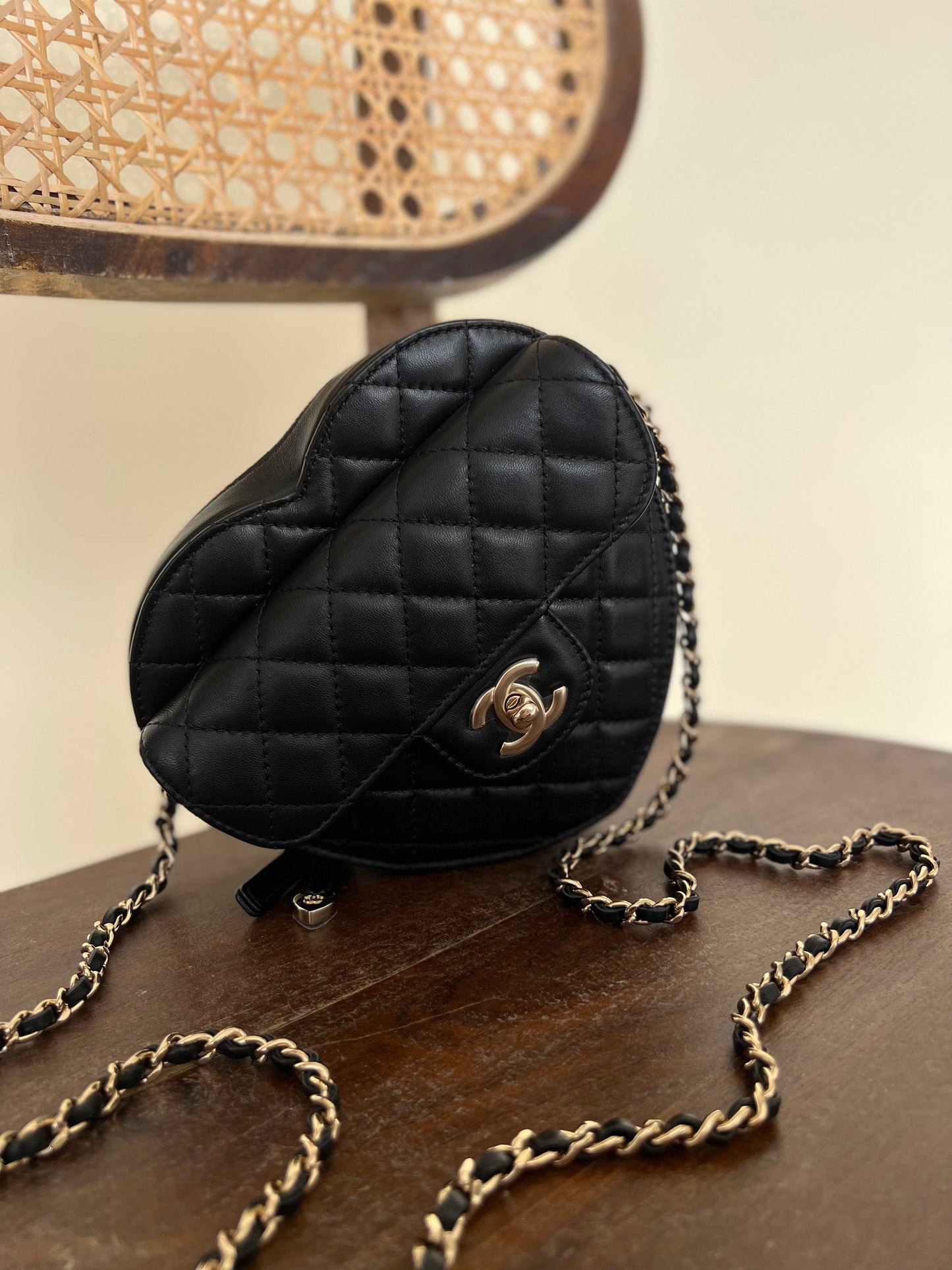 22S CC In Love Black Lambskin Quilted Large Heart Bag LGHW