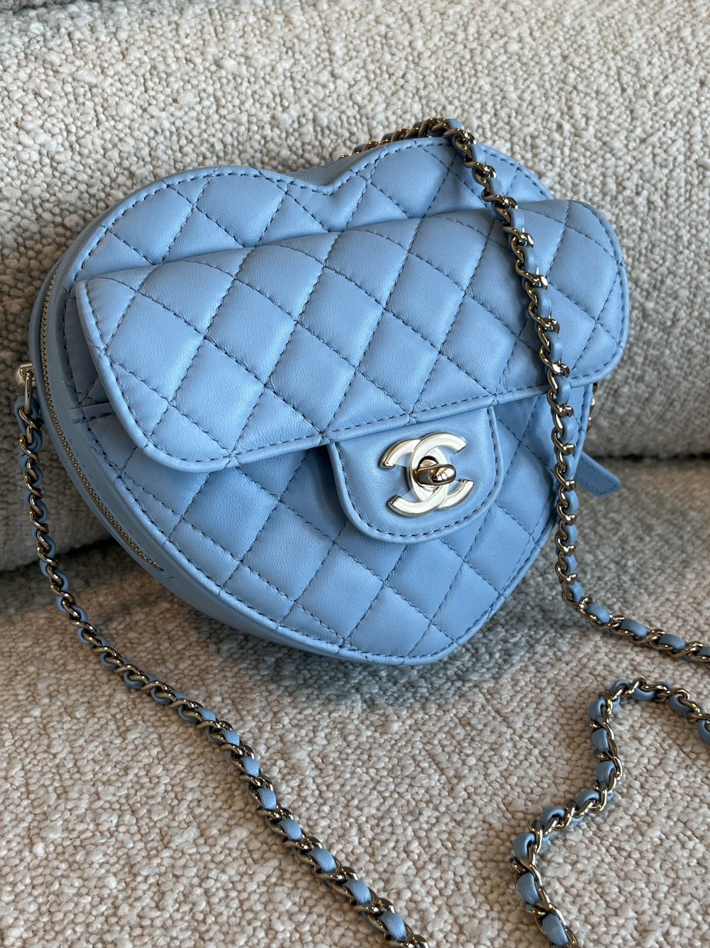 22S CC In Love Blue Lambskin Quilted Large Heart Bag LGHW