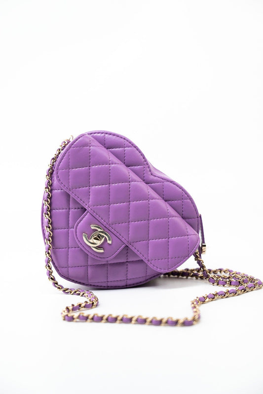 22S CC In Love Purple Lambskin Quilted Large Heart Bag