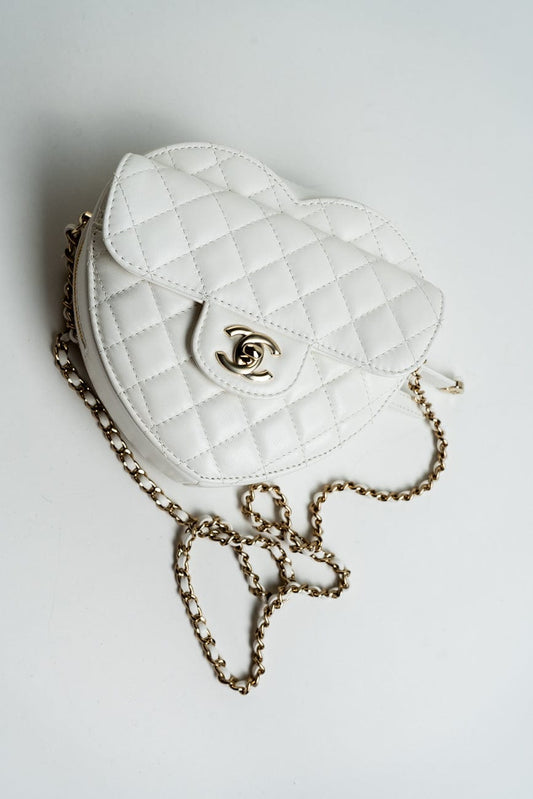 22S CC In Love White Lambskin Quilted Large Heart Bag LGHW