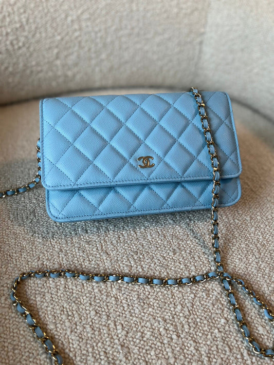 22S Light Blue Caviar Quilted Wallet On Chain (WOC)
