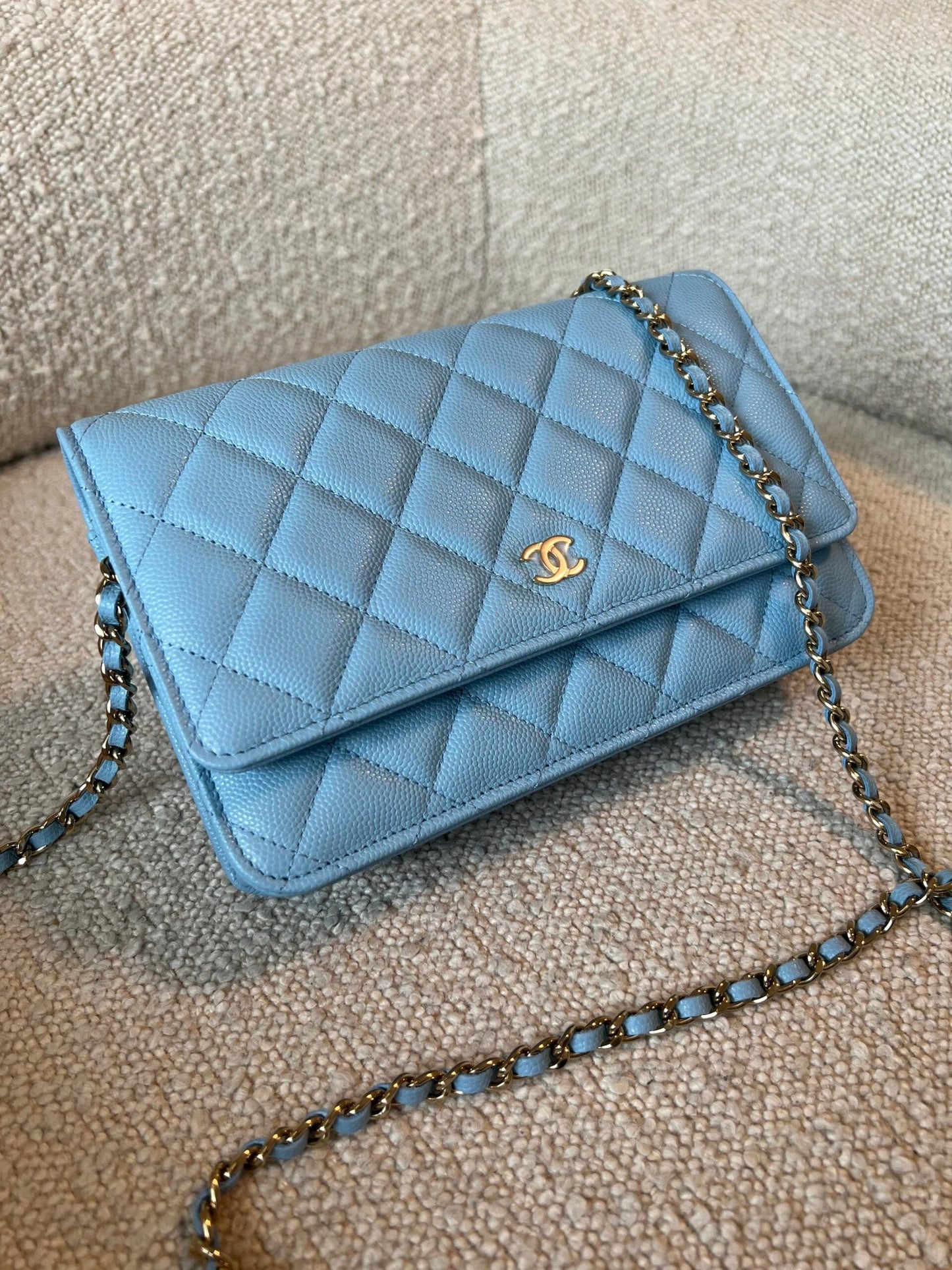 22S Light Blue Caviar Quilted Wallet On Chain (WOC)
