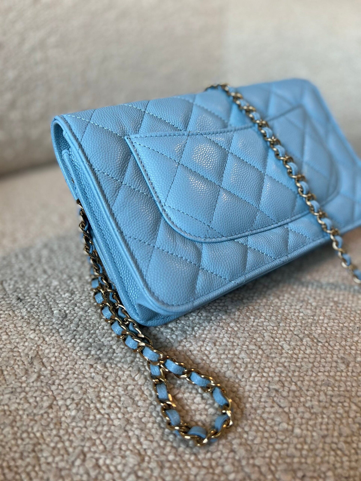 22S Light Blue Caviar Quilted Wallet On Chain (WOC)