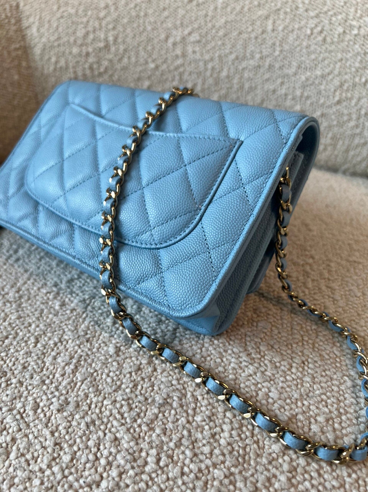 22S Light Blue Caviar Quilted Wallet On Chain (WOC)