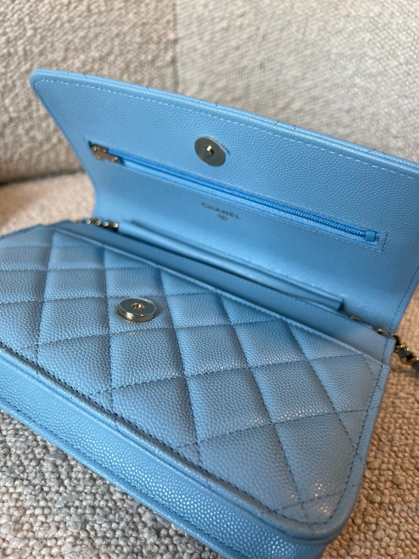 22S Light Blue Caviar Quilted Wallet On Chain (WOC)