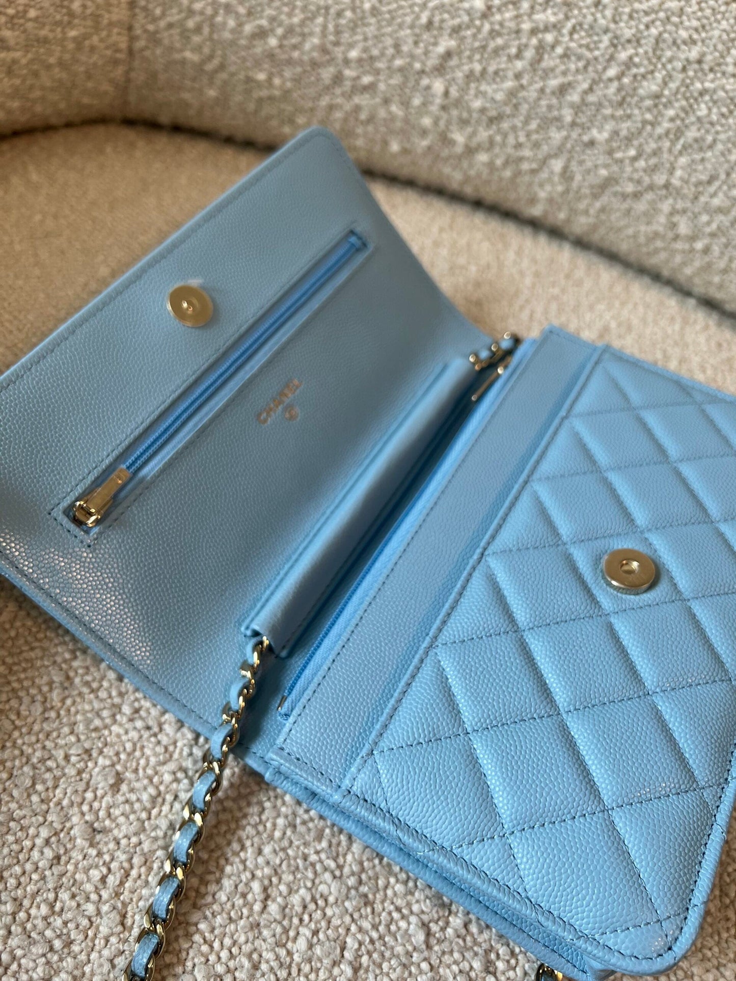 22S Light Blue Caviar Quilted Wallet On Chain (WOC)