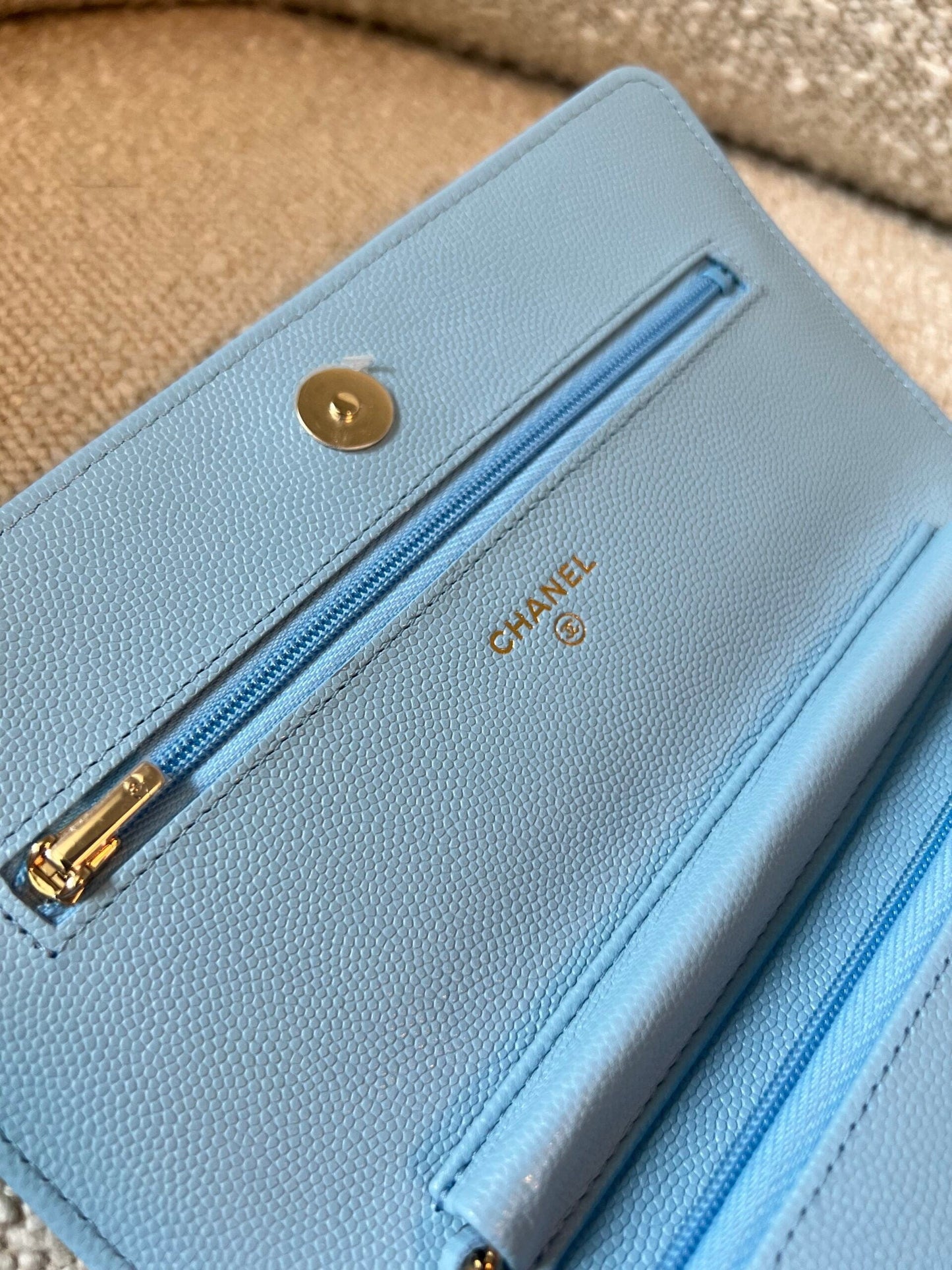 22S Light Blue Caviar Quilted Wallet On Chain (WOC)