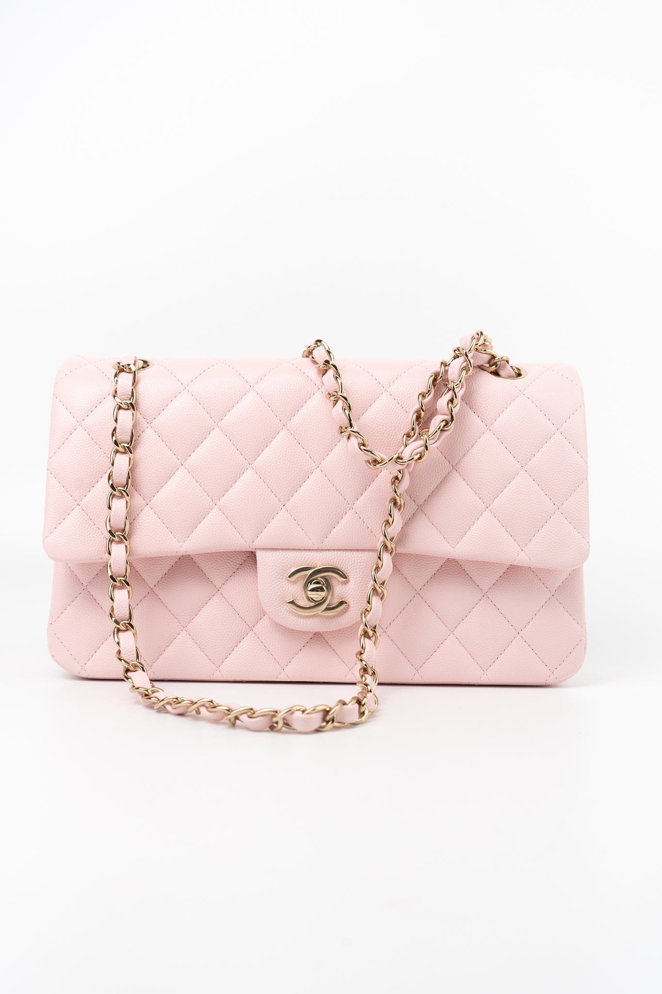 22S Light Pink Caviar Quilted Classic Flap Medium LGHW