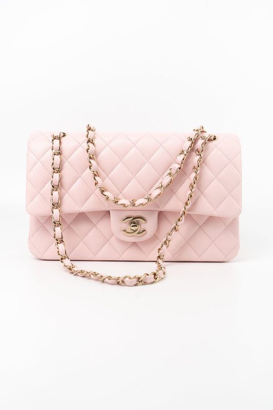 22S Light Pink Caviar Quilted Classic Flap Medium LGHW