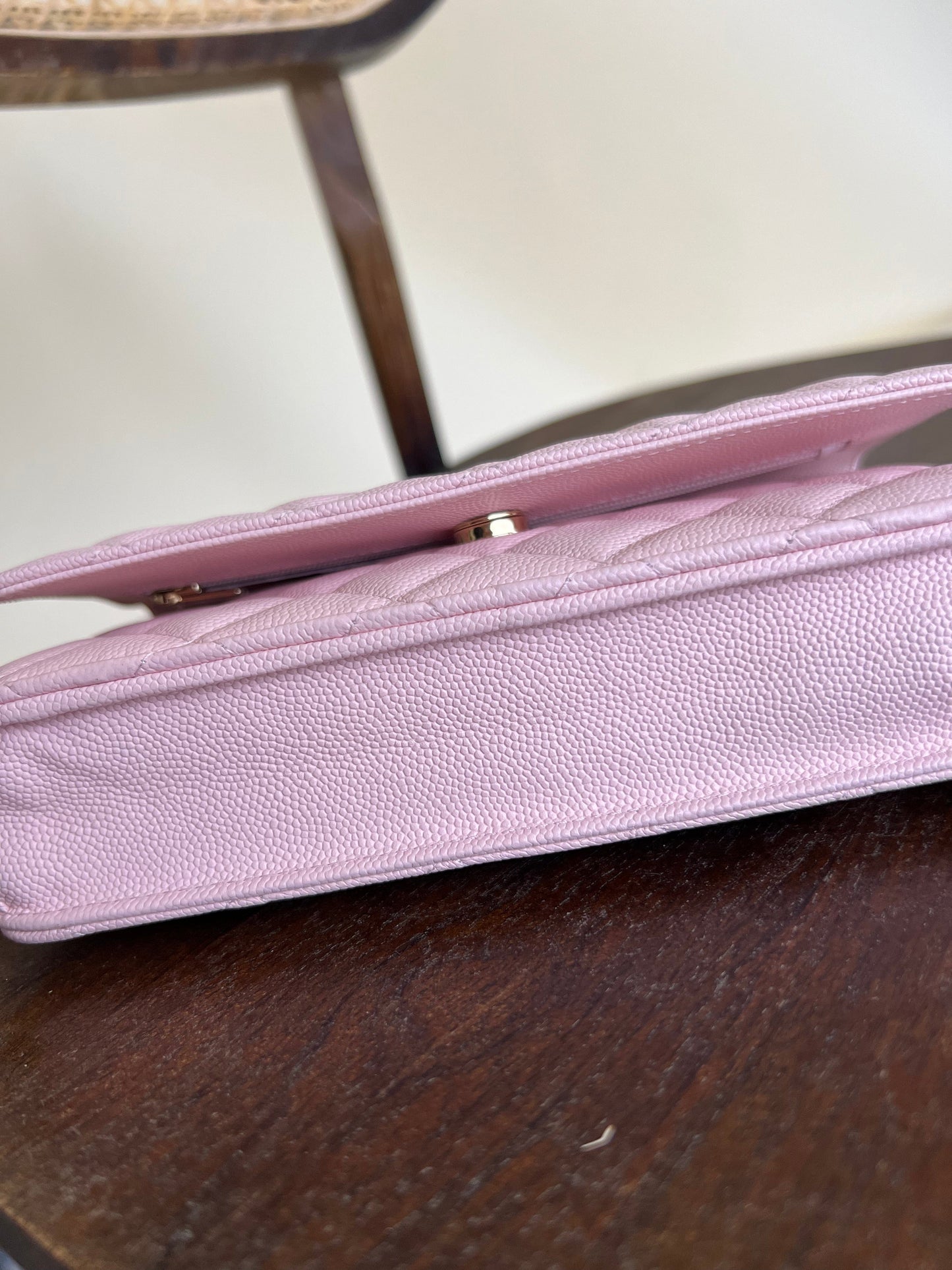 22S LIGHT PINK CAVIAR QUILTED WALLET ON CHAIN GHW (WOC)