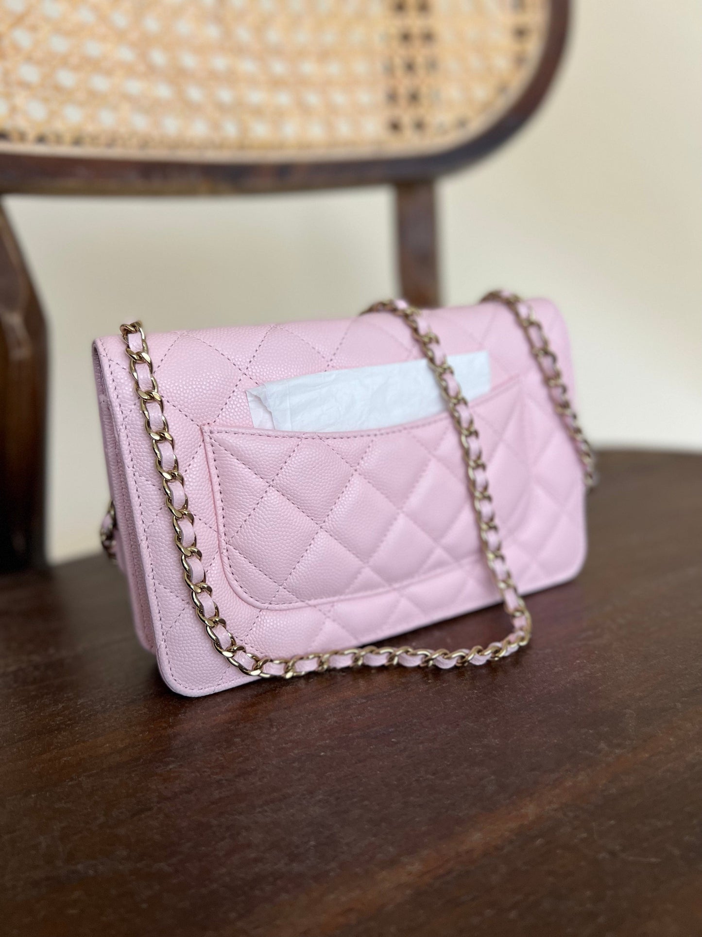 22S LIGHT PINK CAVIAR QUILTED WALLET ON CHAIN GHW (WOC)
