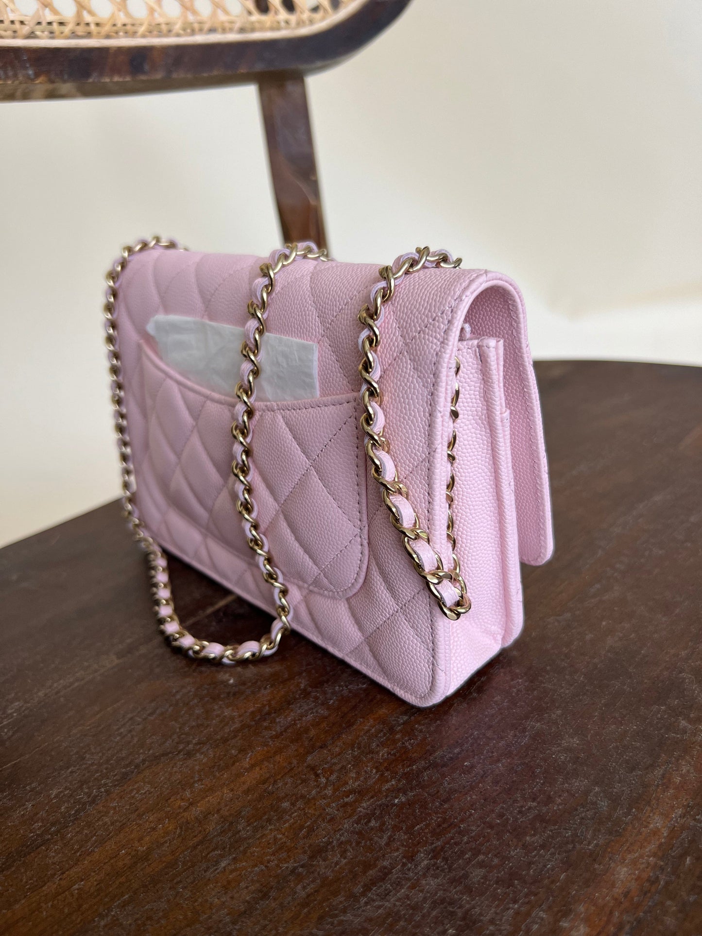 22S LIGHT PINK CAVIAR QUILTED WALLET ON CHAIN GHW (WOC)