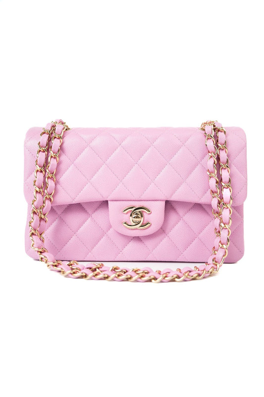 22S Pink Caviar Quilted Classic Flap Small Light Gold Hardware