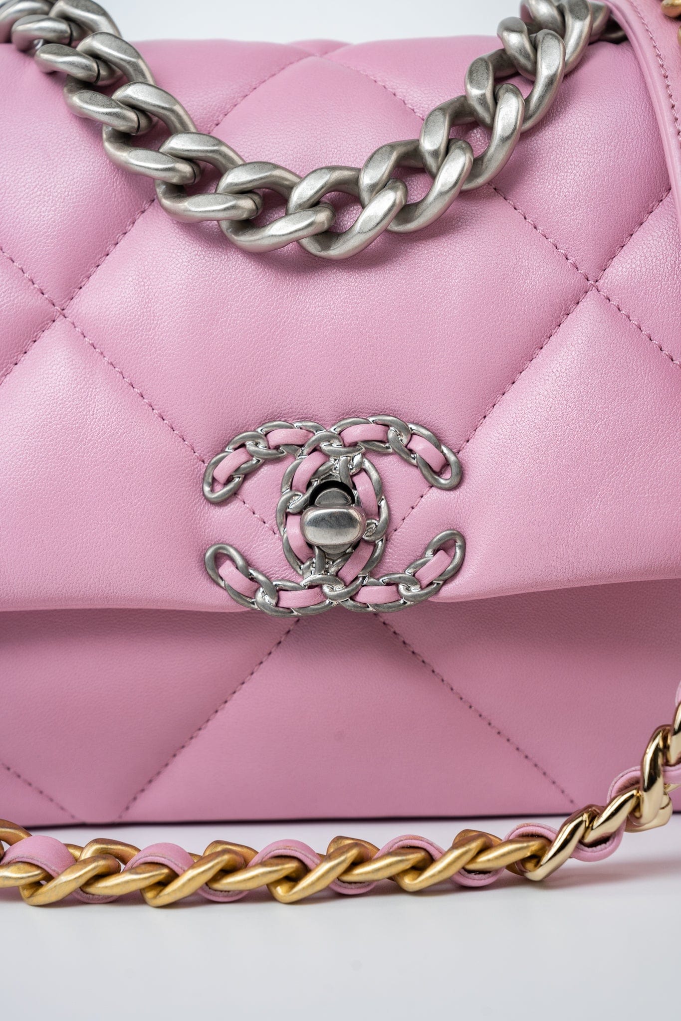 22S Pink Lambskin Quilted 19 Small Reverse Mixed Hardware