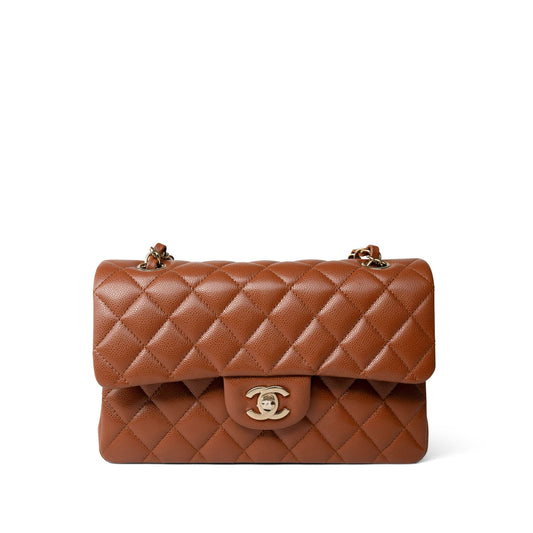 23A Light Brown Caviar Quilted Classic Flap Small Light Gold Hardware