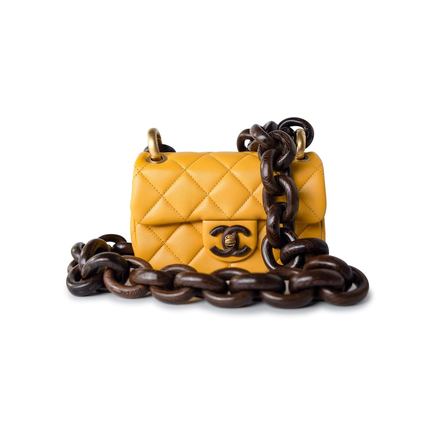 23A Mini Yellow Lambskin Quilted and Weng Wood Flap Bag