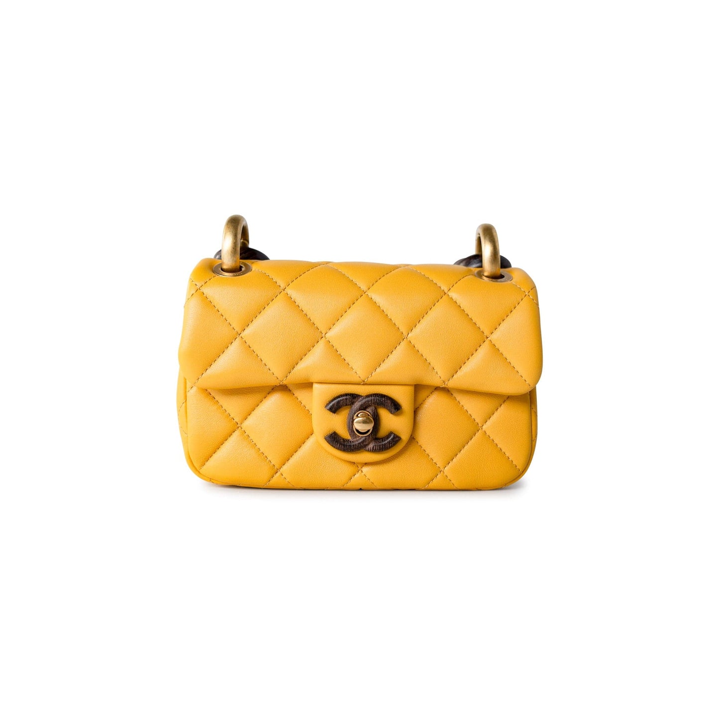 23A Mini Yellow Lambskin Quilted and Weng Wood Flap Bag
