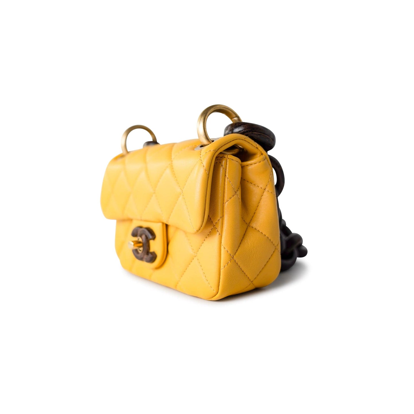 23A Mini Yellow Lambskin Quilted and Weng Wood Flap Bag