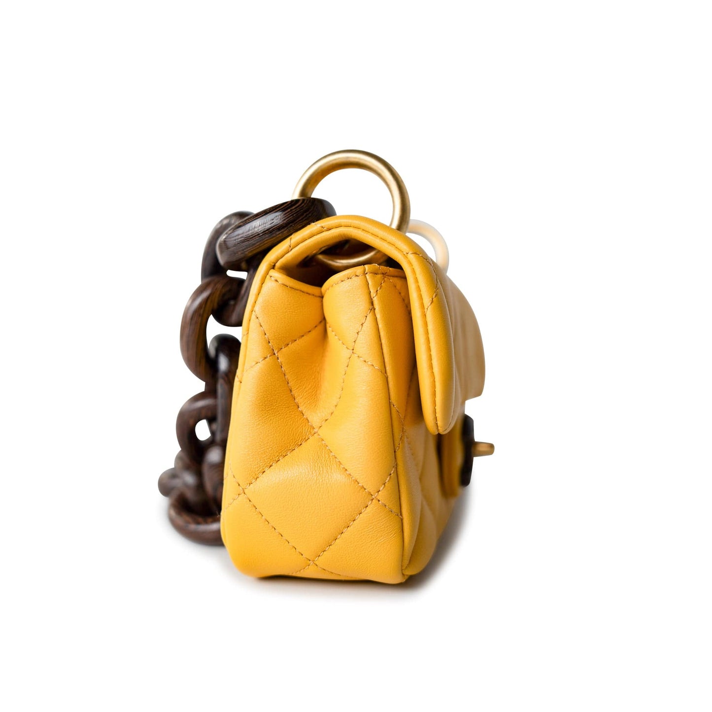 23A Mini Yellow Lambskin Quilted and Weng Wood Flap Bag