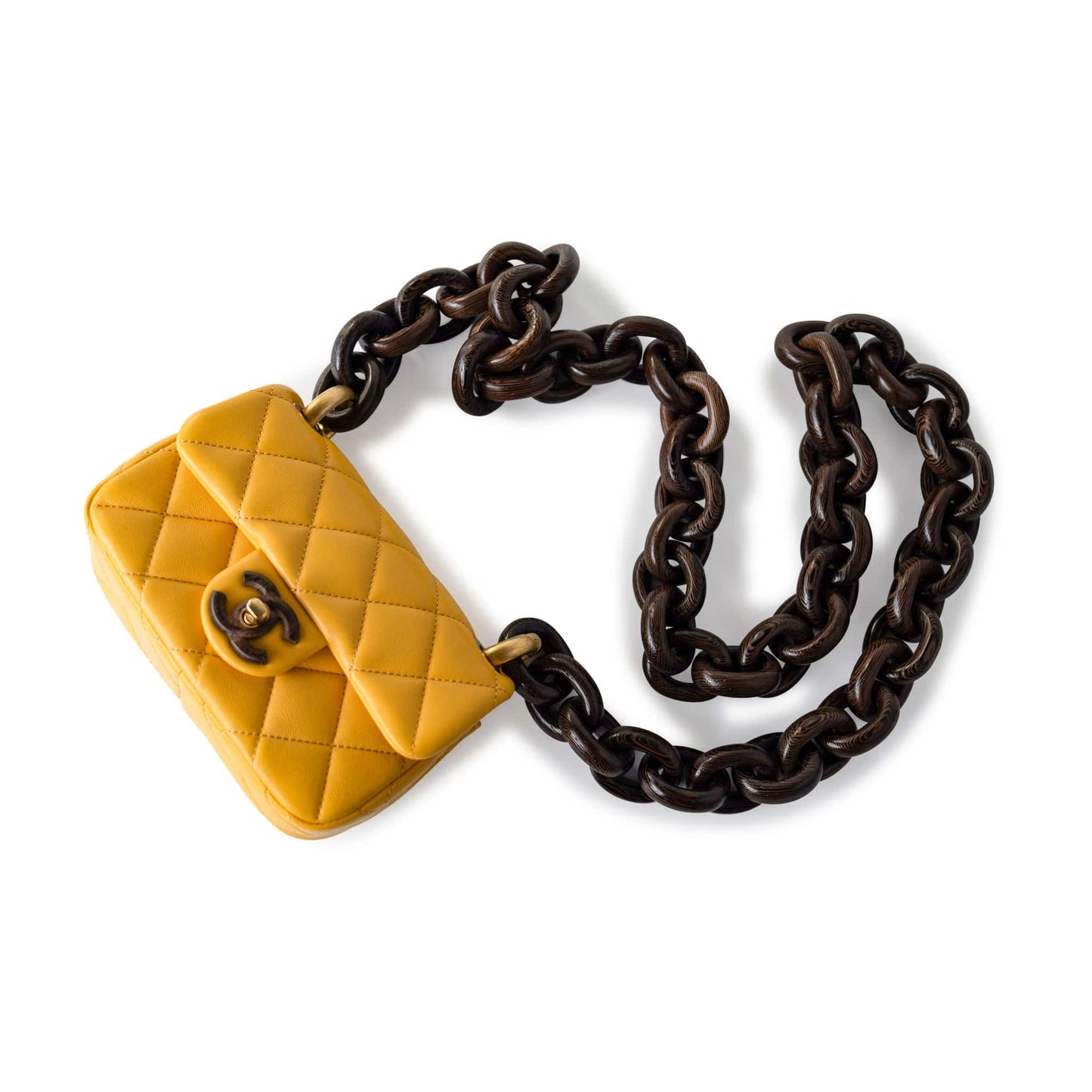 23A Mini Yellow Lambskin Quilted and Weng Wood Flap Bag