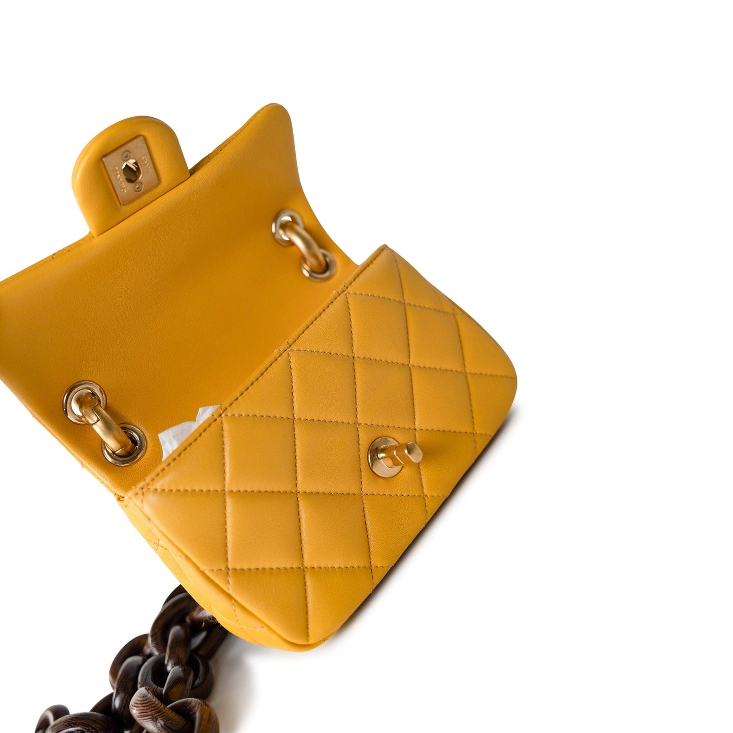 23A Mini Yellow Lambskin Quilted and Weng Wood Flap Bag